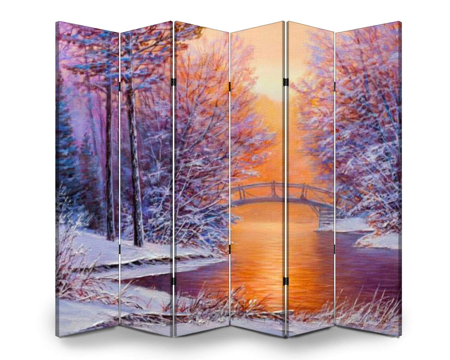 6-Panel White Wooden Room Divider with Winter River Landscape - Folding Privacy Screen, Dual-Sided Canvas Partition for Home & Office Decor | Perfect for Living Rooms, Bedrooms, and Studio Spaces
