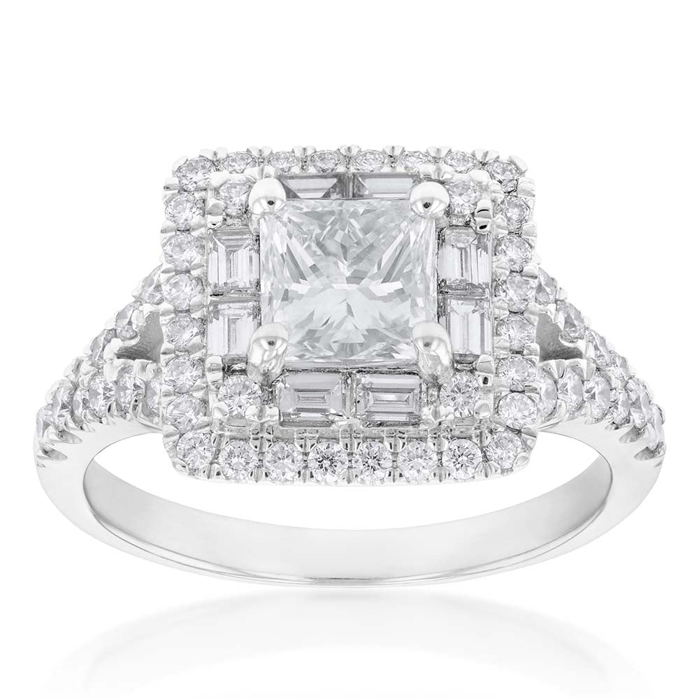 18ct White Gold 1.80 Carat Diamond Ring with 1.00 Carat Certified Princess Cut Center Stone - Perfect for Engagement, Wedding & Anniversary Gifts