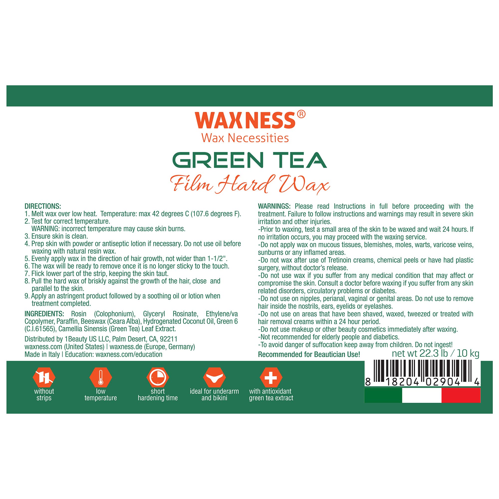 Waxness Film Hard Wax Beads - Green Tea Scented Bulk 22lb (10kg) for Professional Hair Removal & Spa Treatments