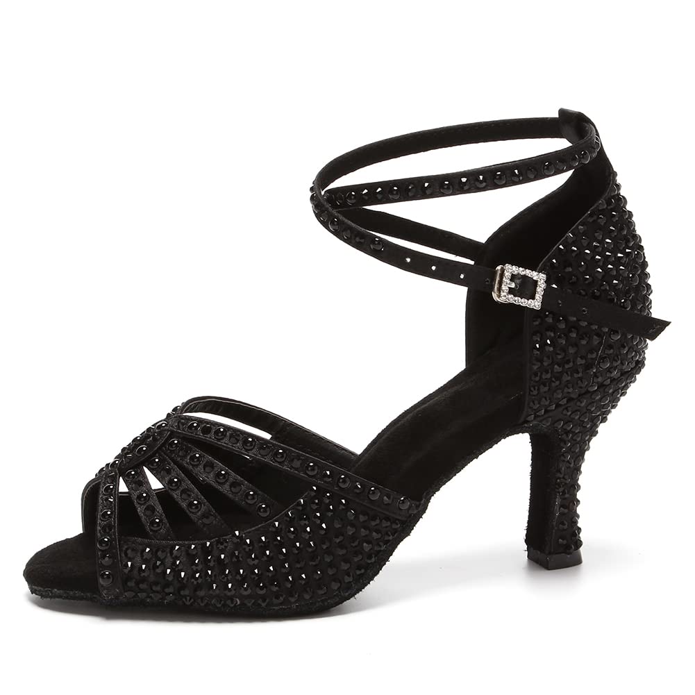 JUODVMP Women's Latin Dance Shoes with Rhinestones - Satin Ballroom Salsa Shoes for Professional Dancers | Perfect for Performances, Competitions & Dance Classes