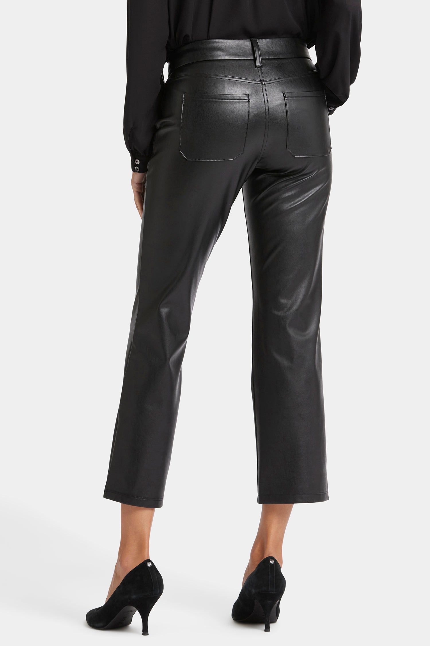 Faux Leather Straight Ankle Pants for Women - Stretch Comfort Fit High Waist Trousers (Black) | Office Wear, Night Out, Casual Chic Outfits