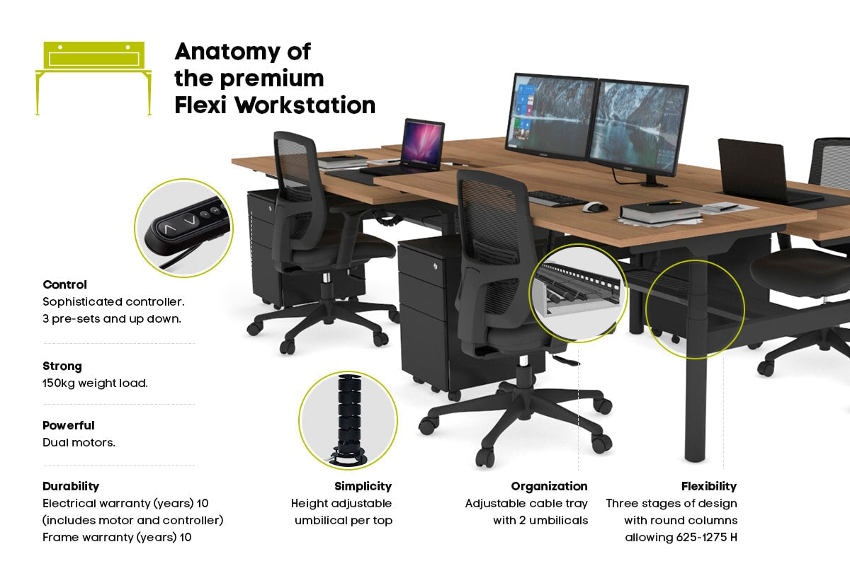 Flexi Premium Height Adjustable 4-Person H Bench Workstation - Black Frame [1600L x 700W] - Ideal for Office, Coworking Space & Home Office Setup