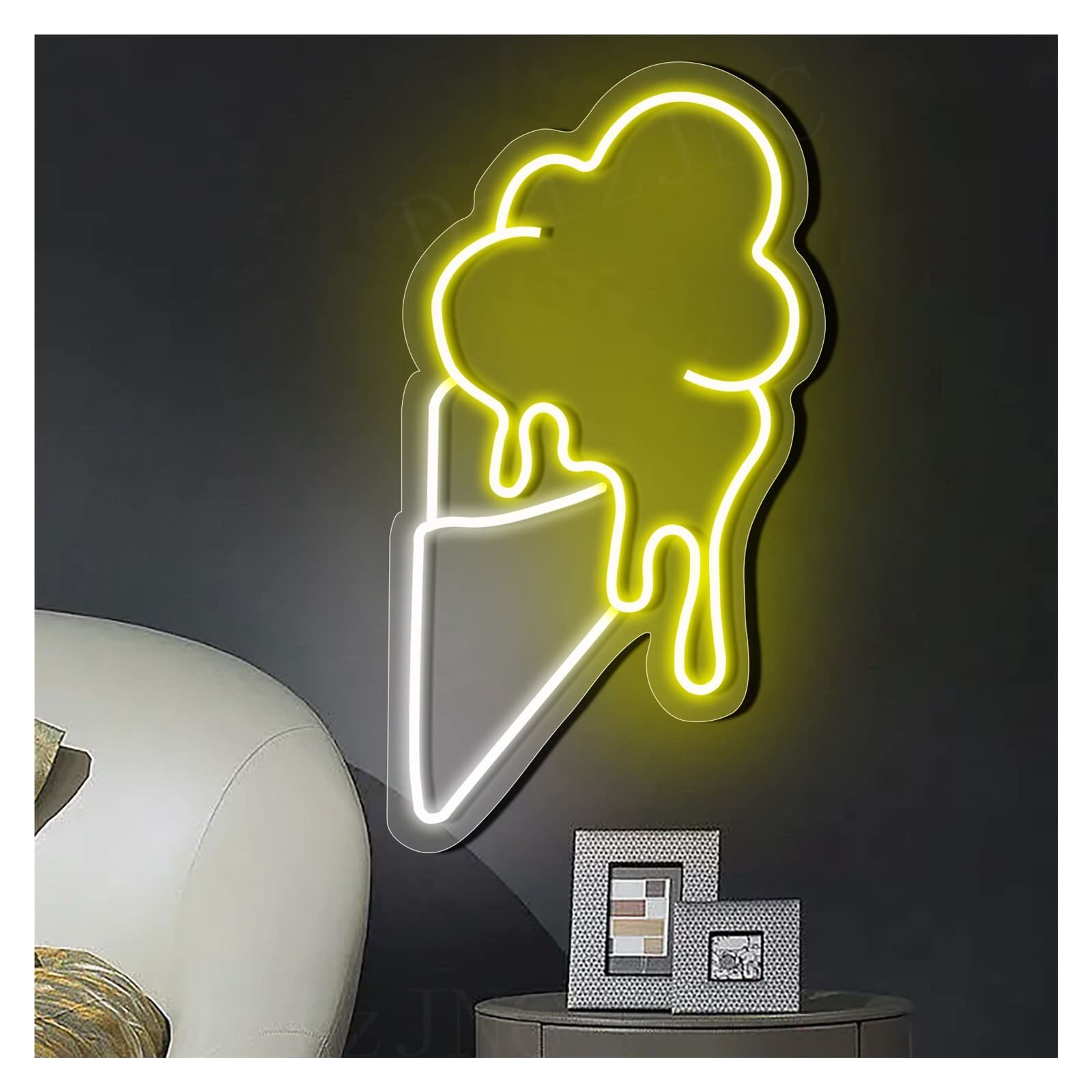 Handmade LED Neon Sign - Ice Cream Design for Coffee Shop, Bakery, Home & Store Wall Decor | Lemon Yellow, 33x59cm (13x23in) | Perfect for Retail Displays, Bedroom Lighting & Cafe Atmosphere