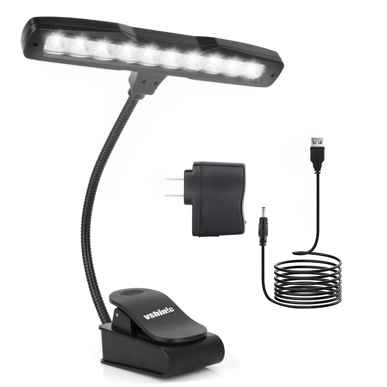 Vshinic 10 LED Clip On Music Stand Light - Adjustable Piano Light with No Flicker for Musicians, Book Reading, DJ Mixing Table & Craft Work | Battery (AA) or AC Adapter Powered | Perfect for Home Practice, Stage Performances & Studio Sessions