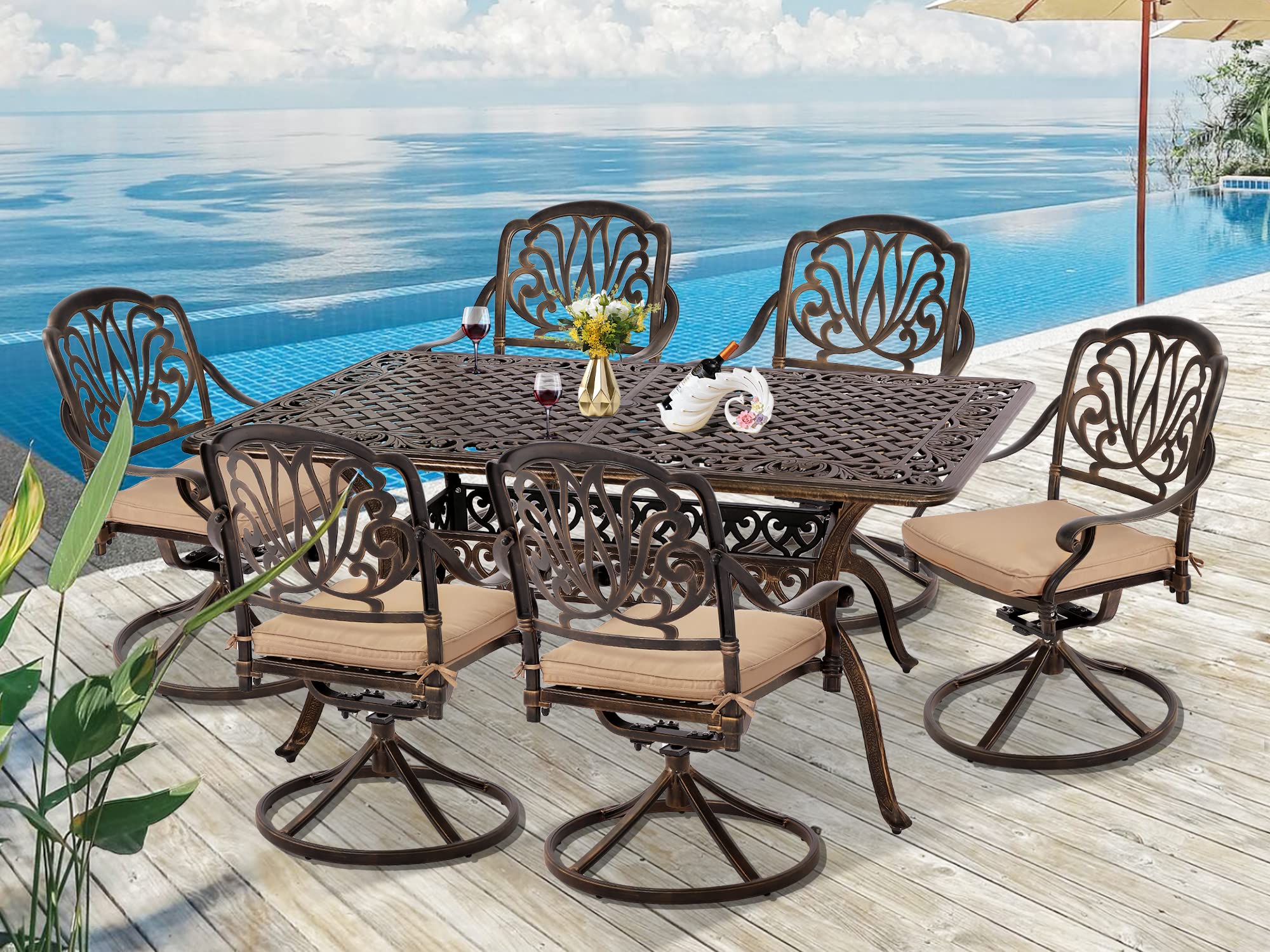 Grepatio 2-Piece Swivel Patio Dining Chairs Set with Cushions - Outdoor Cast Aluminum Garden Chairs for Backyard, Lawn & Deck - Comfortable Swivel Rocker Chairs with Khaki Cushions - Perfect for Outdoor Dining, Lounging & Entertaining