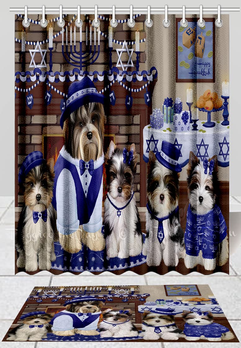Happy Hanukkah Family Biewer Terrier Dogs Bath Mat & Shower Curtain Set - Anti-Slip Bathroom Decor, Plush Rug Mat with Polyester Bathtub Curtain & Hooks (Bath Mat 16