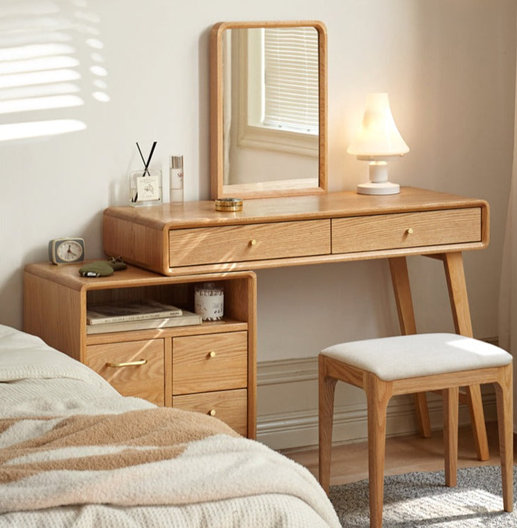 Solid Oak Wood Extendable Vanity Dressing Table with Mirror - Perfect for Bedroom Makeup & Jewelry Storage