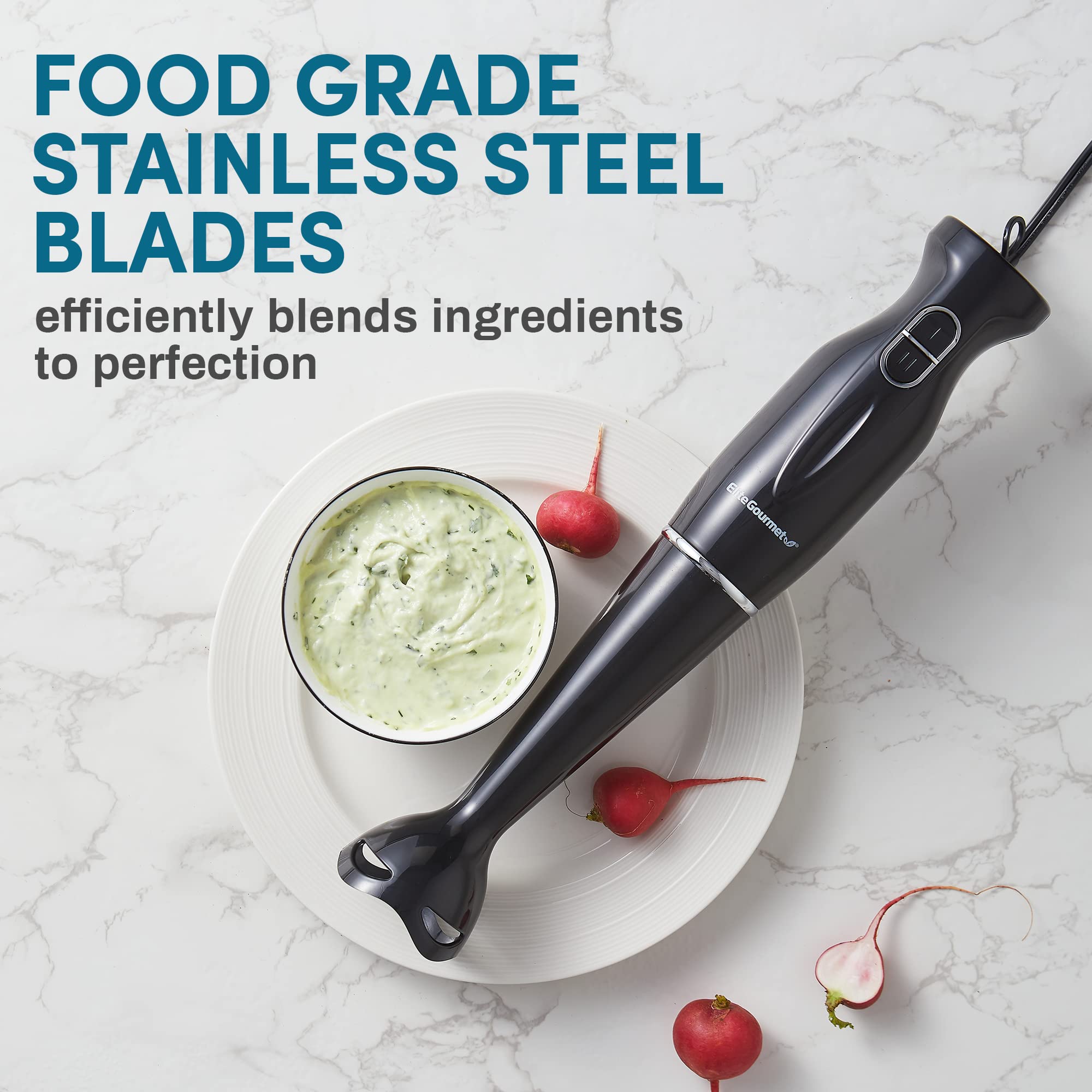Elite Gourmet EHB3201 300W 2-Speed Immersion Hand Blender with Detachable Blades & Wand - Perfect for Smoothies, Baby Food, Soups - Charcoal Black - Ideal for Kitchen, Home Cooking & Meal Prep