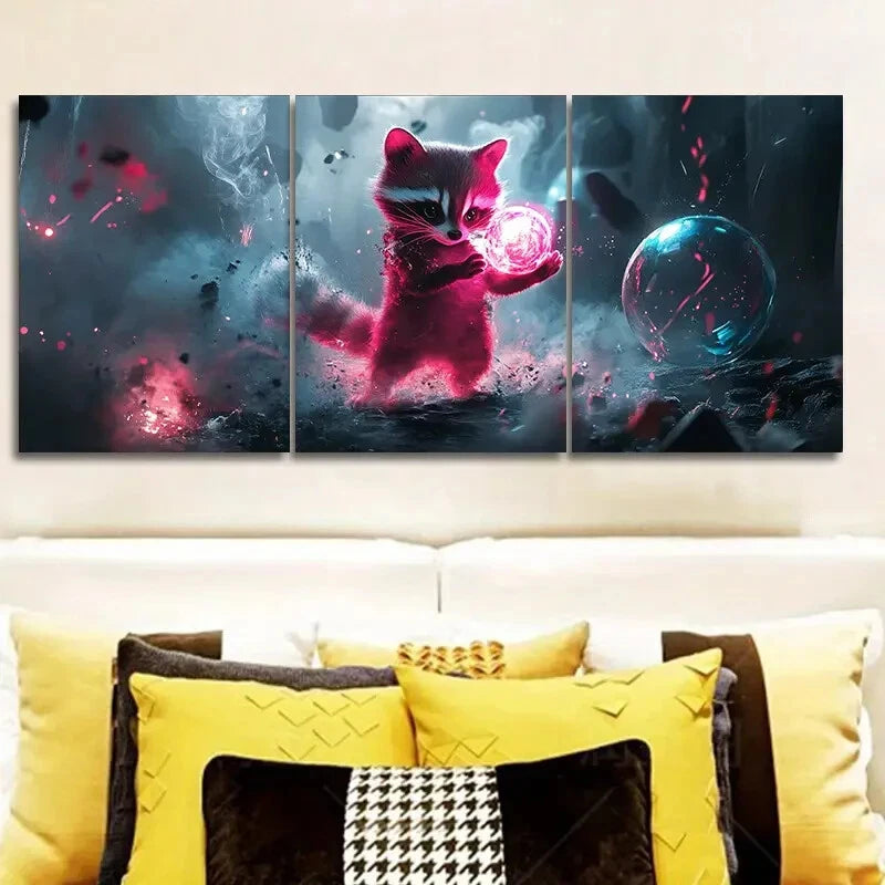 3-Piece Magical Raccoon Metal Wall Art - Ready to Hang Wildlife Decor for Living Room, Bedroom, or Office