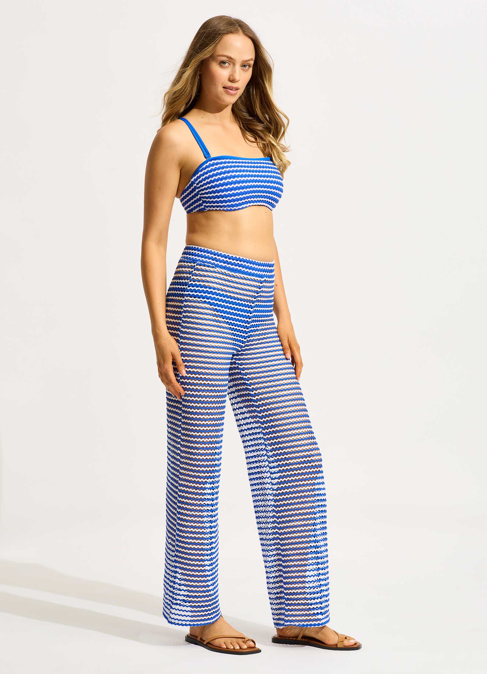 Mesh Effect Pants for Women - High Waisted Stretchy Azure Blue Yoga Pants - Perfect for Workout, Running, Lounge & Everyday Wear