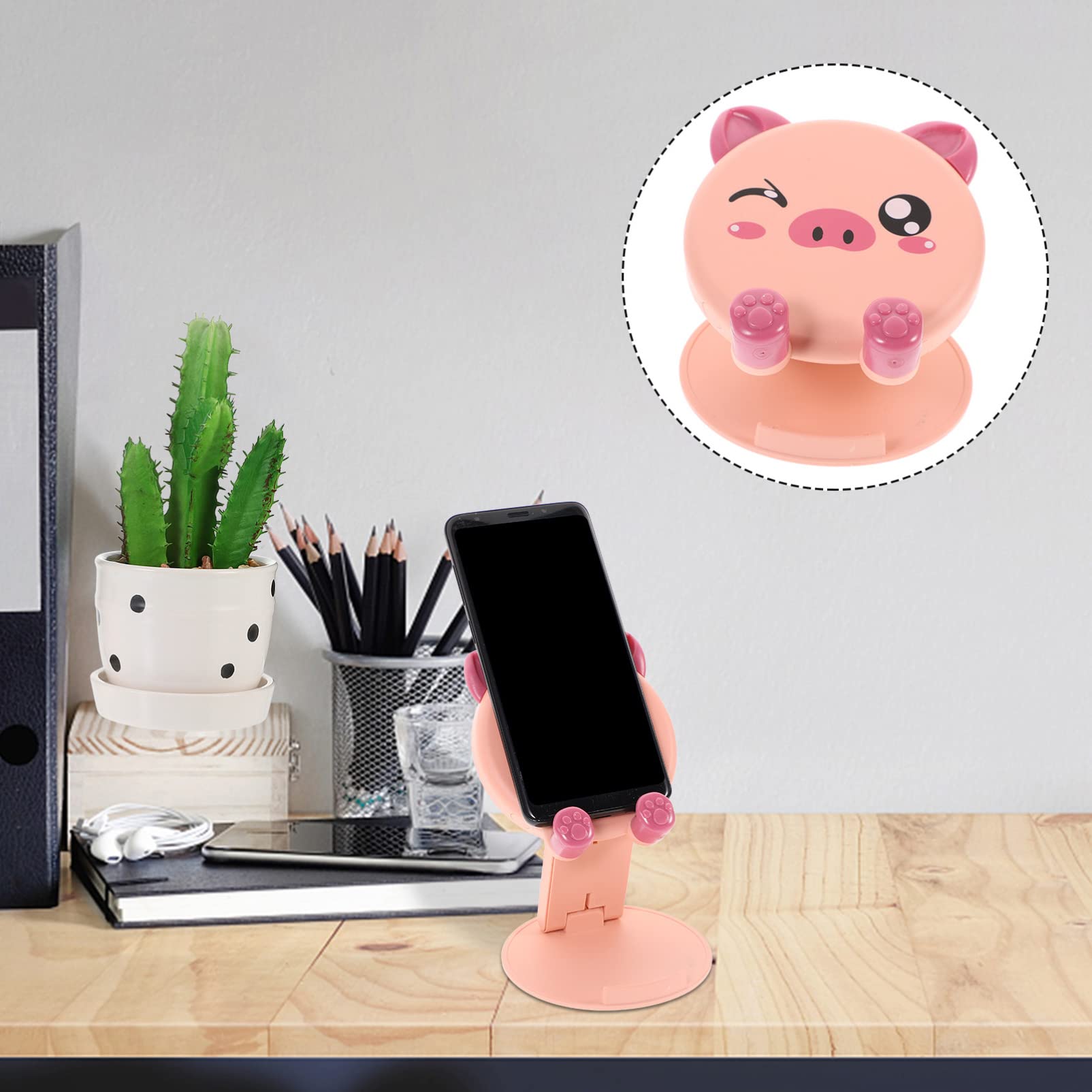 Adjustable Folding Phone Stand with Pig Design - Universal Desktop Cell Phone Holder & Tablet Stand for iPhone, Samsung, Google Pixel - Perfect for Home Office, Bedside, Kitchen Counter & Video Watching