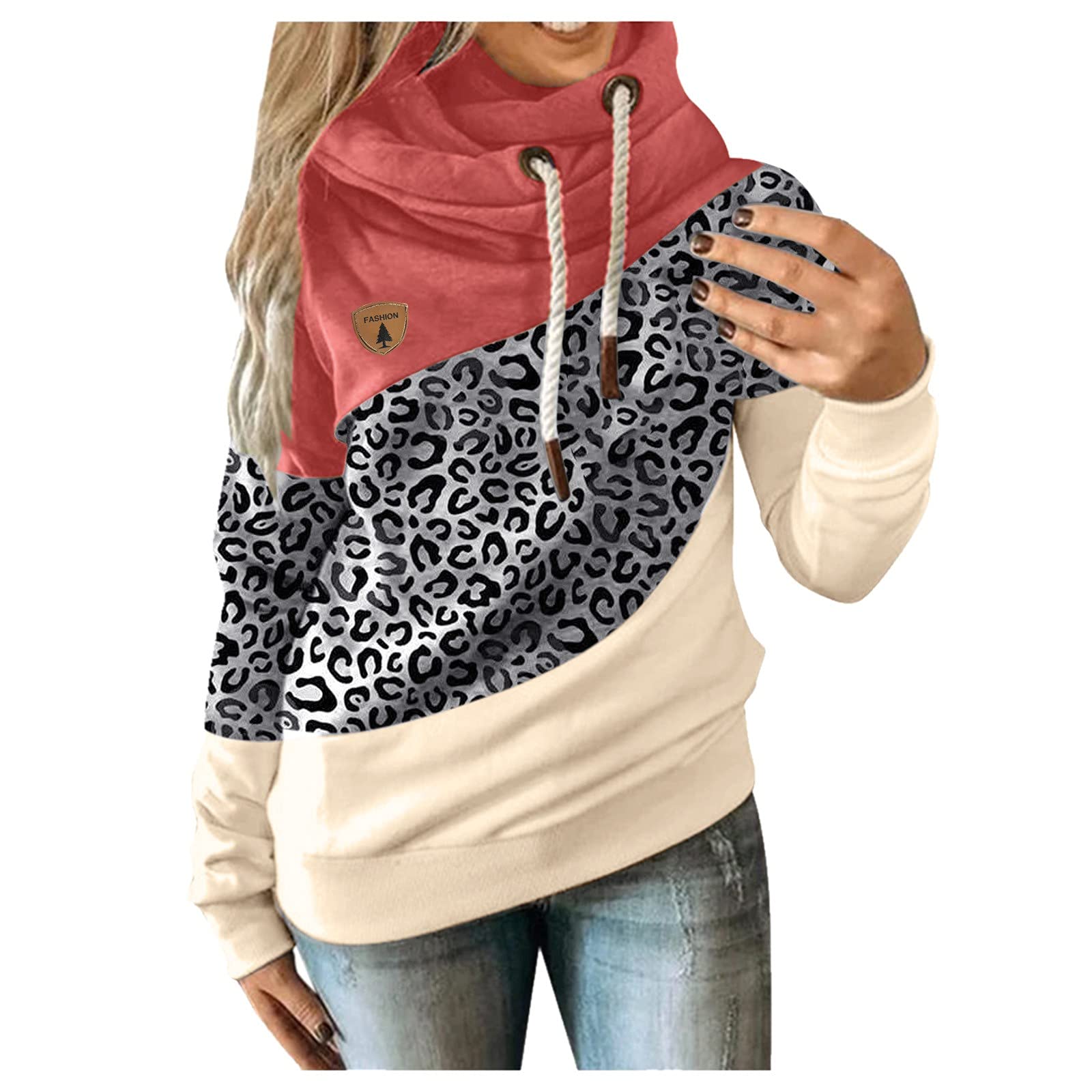 Women's Long Sleeve Leopard Print Hoodie with Contrast Strap - Casual Pullover Sweatshirt for Everyday Wear, Gym, and Outdoor Activities