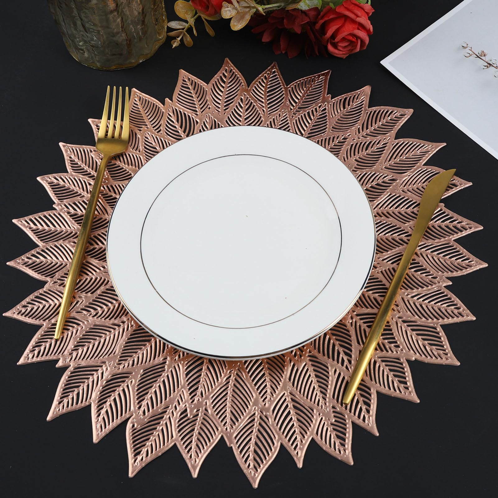 6-Piece Round Floral Vinyl Placemats Set - Hollow Out Flower Design for Dining Table Decor, Holiday Party, Wedding Centerpiece (Rose Gold) | Elegant Table Setting for Dinner Parties & Special Occasions