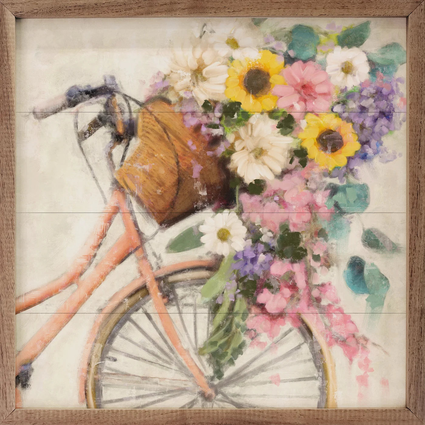 Nina Blue Wood Framed Print - Flower Bike 2 Pink Wall Art Decor for Living Room, Bedroom & Office | Vintage Cycling Painting Home Decor
