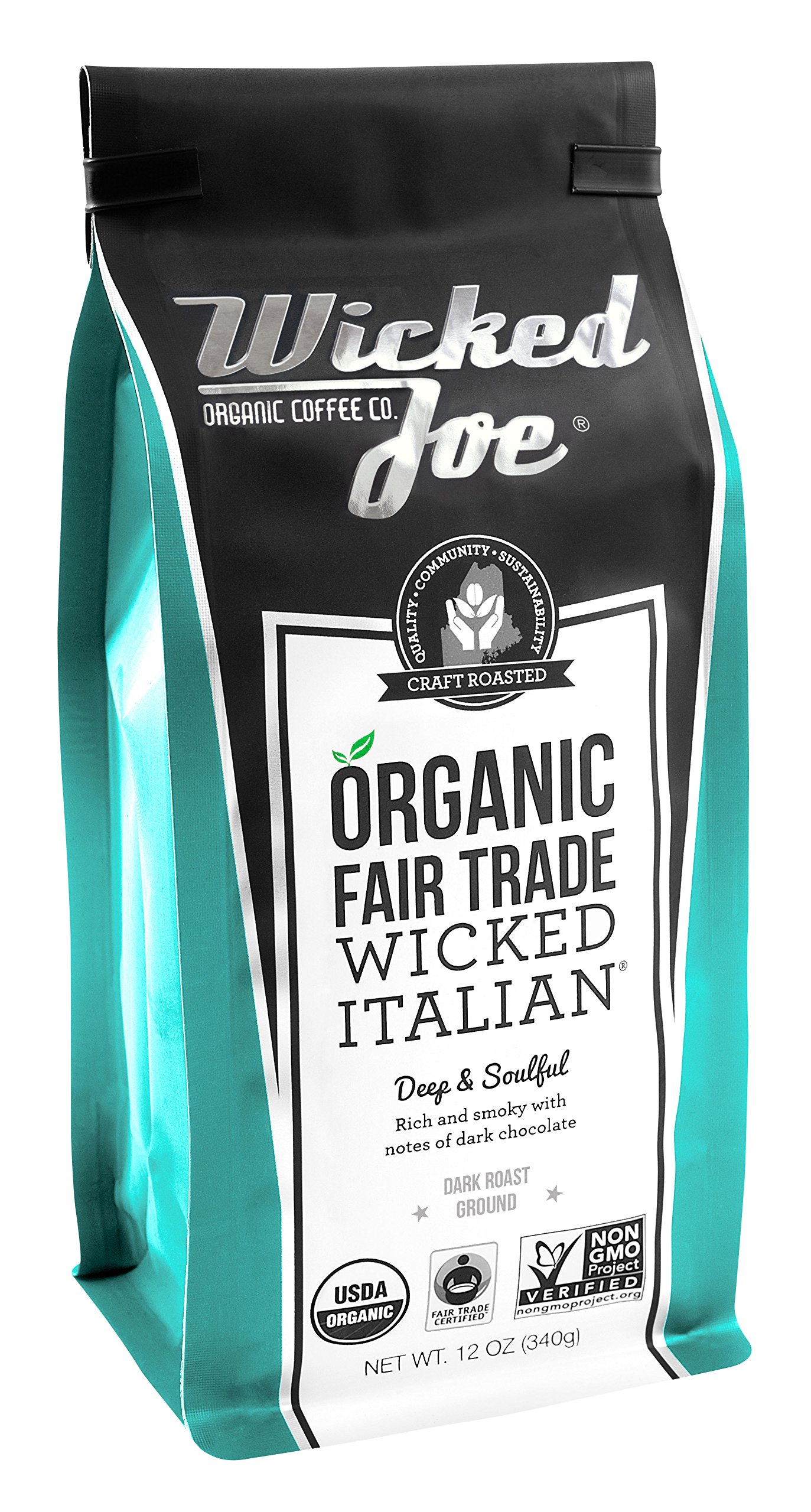 Wicked Joe Organic Italian Roast Ground Coffee, 12 oz Bag - Premium Dark Roast for Espresso & Drip Brewing at Home or Office