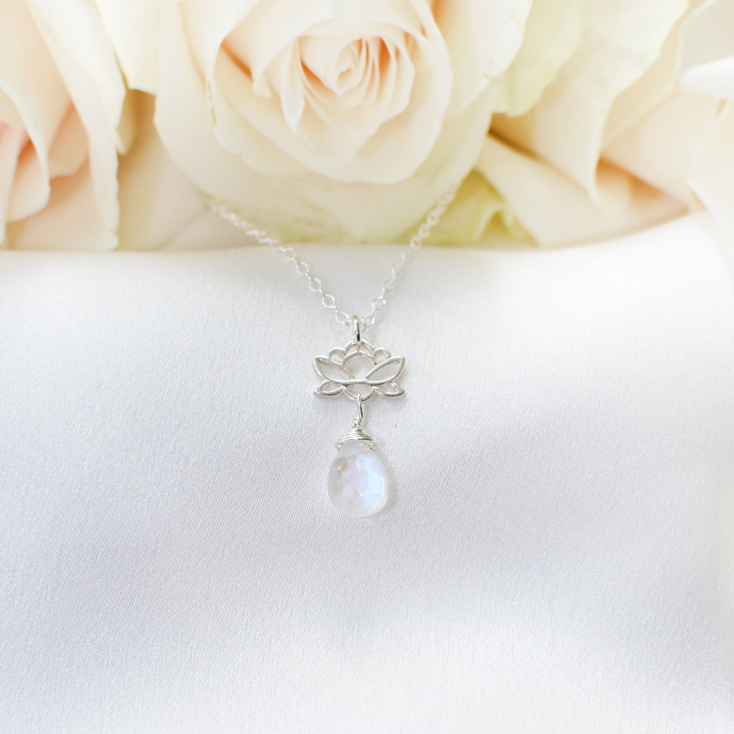 Rainbow Moonstone Sterling Silver Lotus Charm Drop Necklace - Elegant Boho Jewelry for Women, Perfect for Weddings, Parties & Everyday Wear