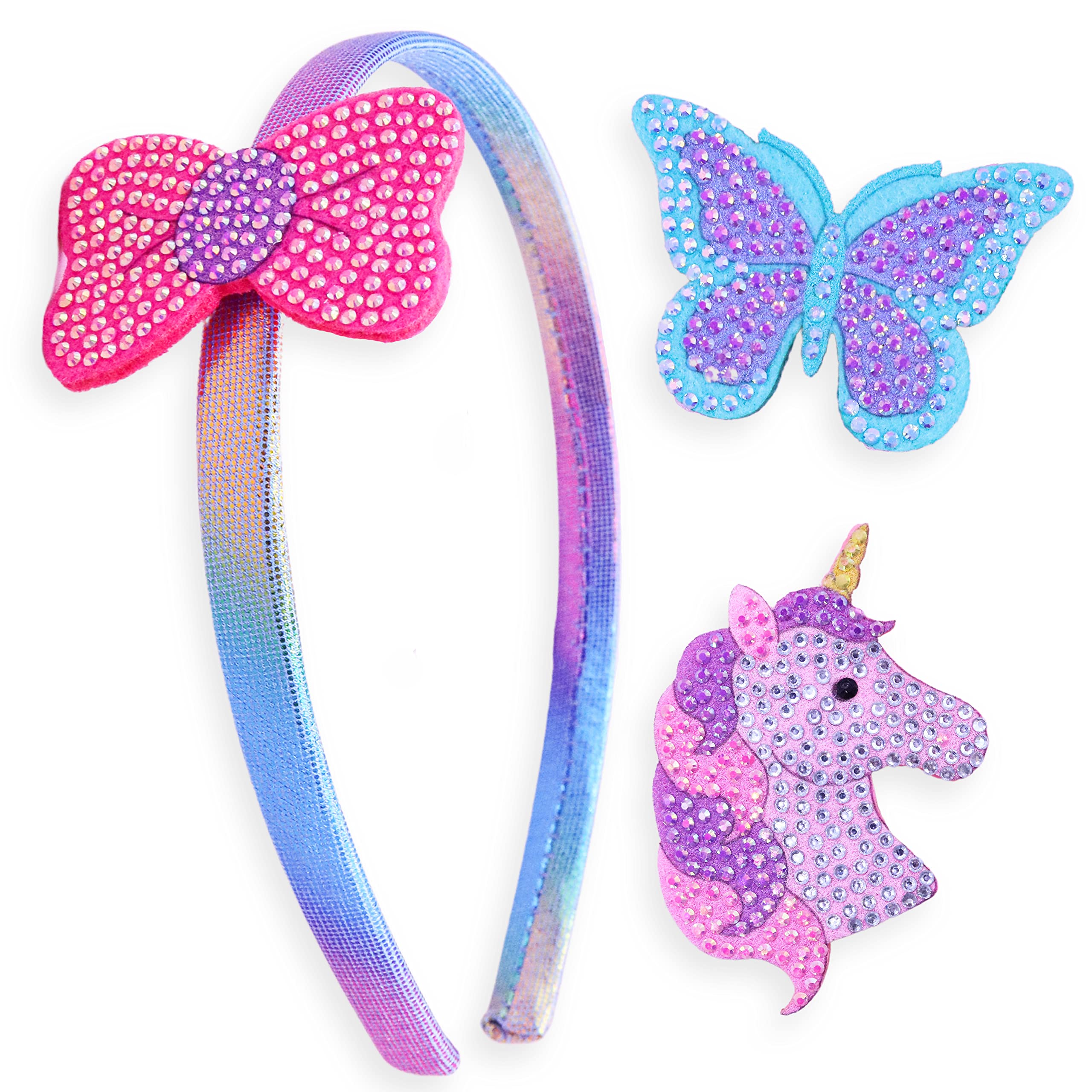 FROG SAC Girls Hair Bands with Interchangeable Clips - Thin Headband Accessories for Kids (Unicorn, Butterfly, Bow) - Perfect for School, Parties & Everyday Wear