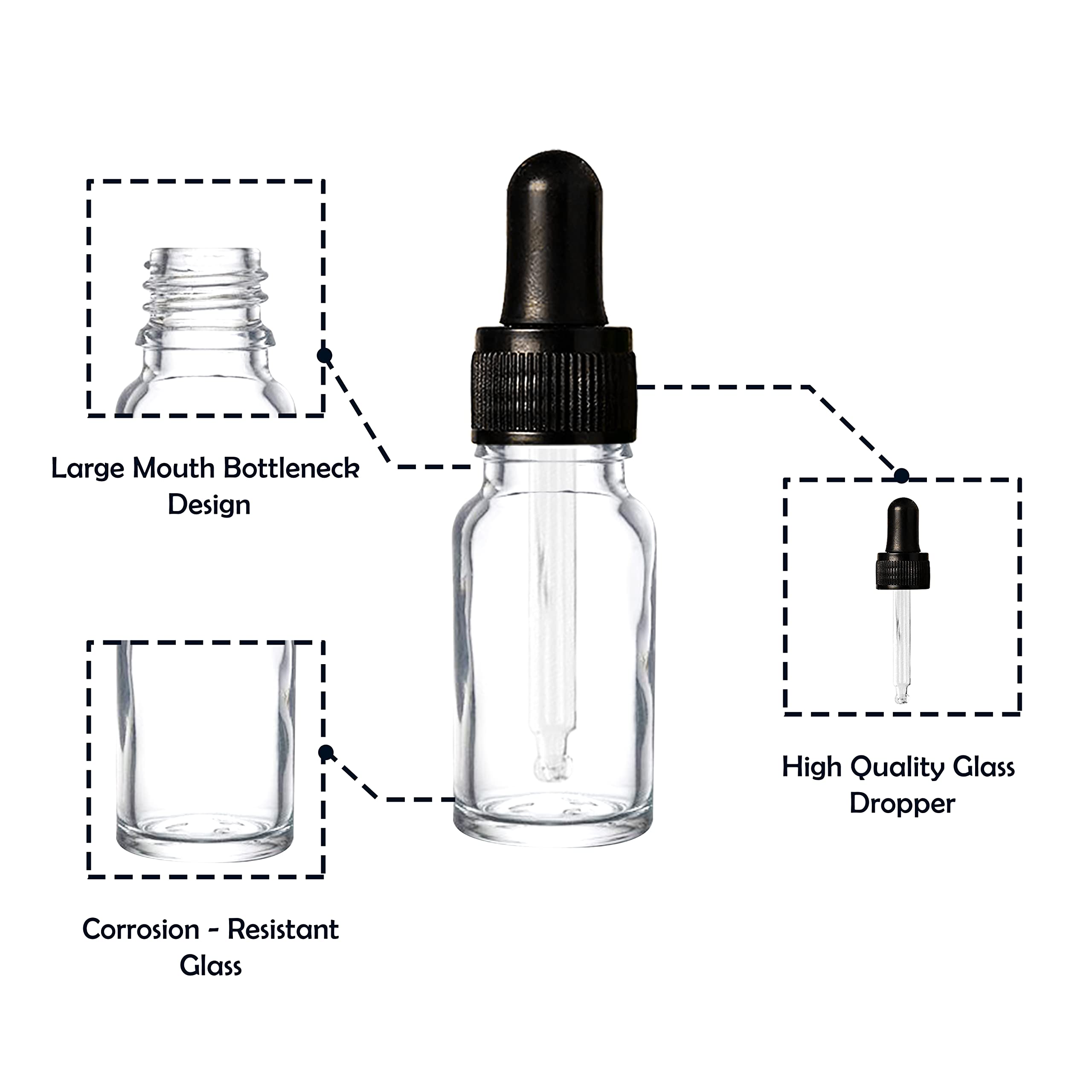NSB Herbals 10ml Clear Round Empty Glass Bottle with Glass Dropper & Black Silicone Teat - Refillable Essential Oil & Perfume Container (Pack of 3) | Perfect for DIY Aromatherapy, Travel Size Liquids & Homemade Beauty Products