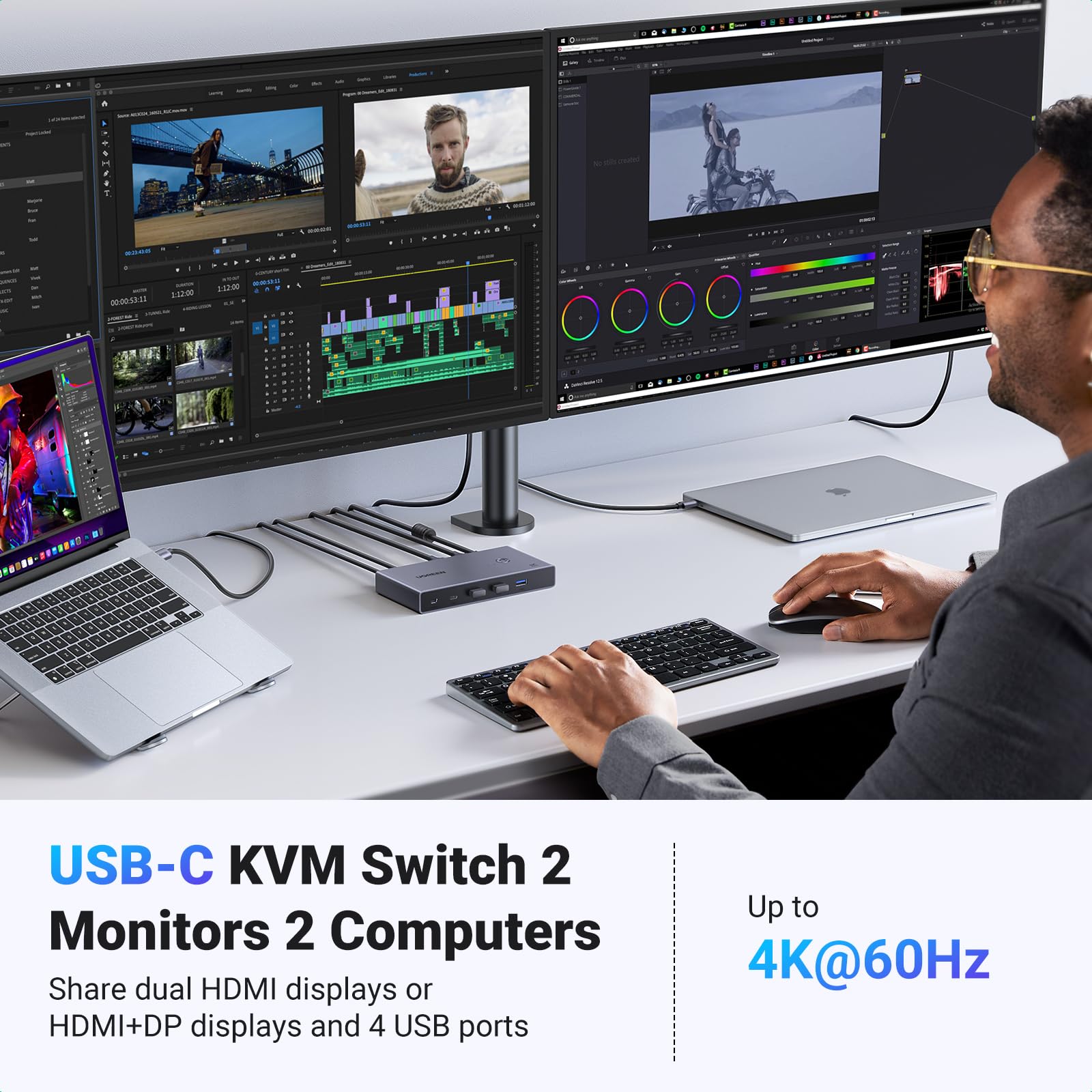 UGREEN USB-C KVM Switch 2 Monitors 2 Laptops - 4K@60Hz Dual Monitor Sharing with 4 USB 3.0 Ports & 100W PD Charging - Includes Keyboard/Mouse/Printer/HDD Sharing, 2 USB-C Cables & Remote Controller - Perfect for Home Office & Multi-Device Workspace Setup