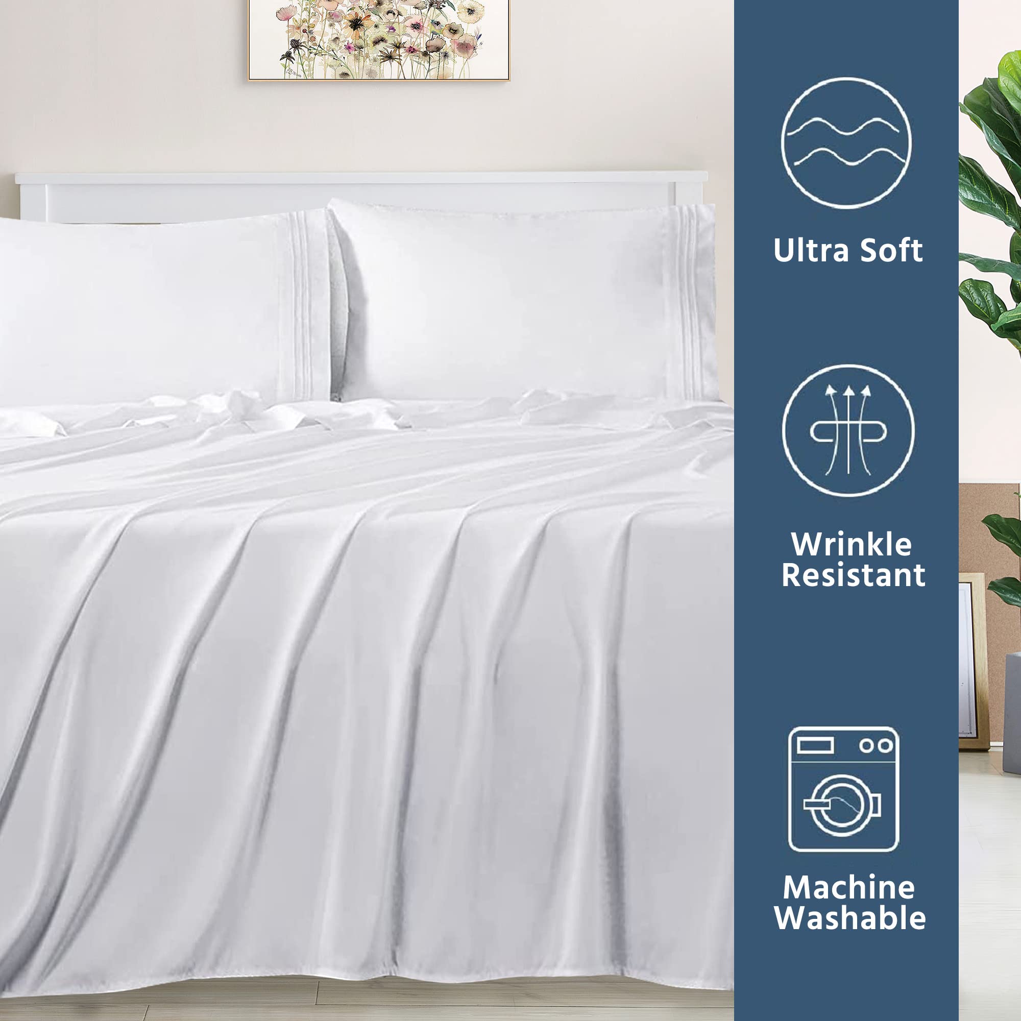 Super Soft 100% Microfiber Bed Sheet Set - Queen Size 4 Piece with 16-Inch Deep Pocket, 1800 Brushed Microfiber Embroidered Sheets in White | Perfect for Master Bedroom, Guest Room & Dorm Comfort