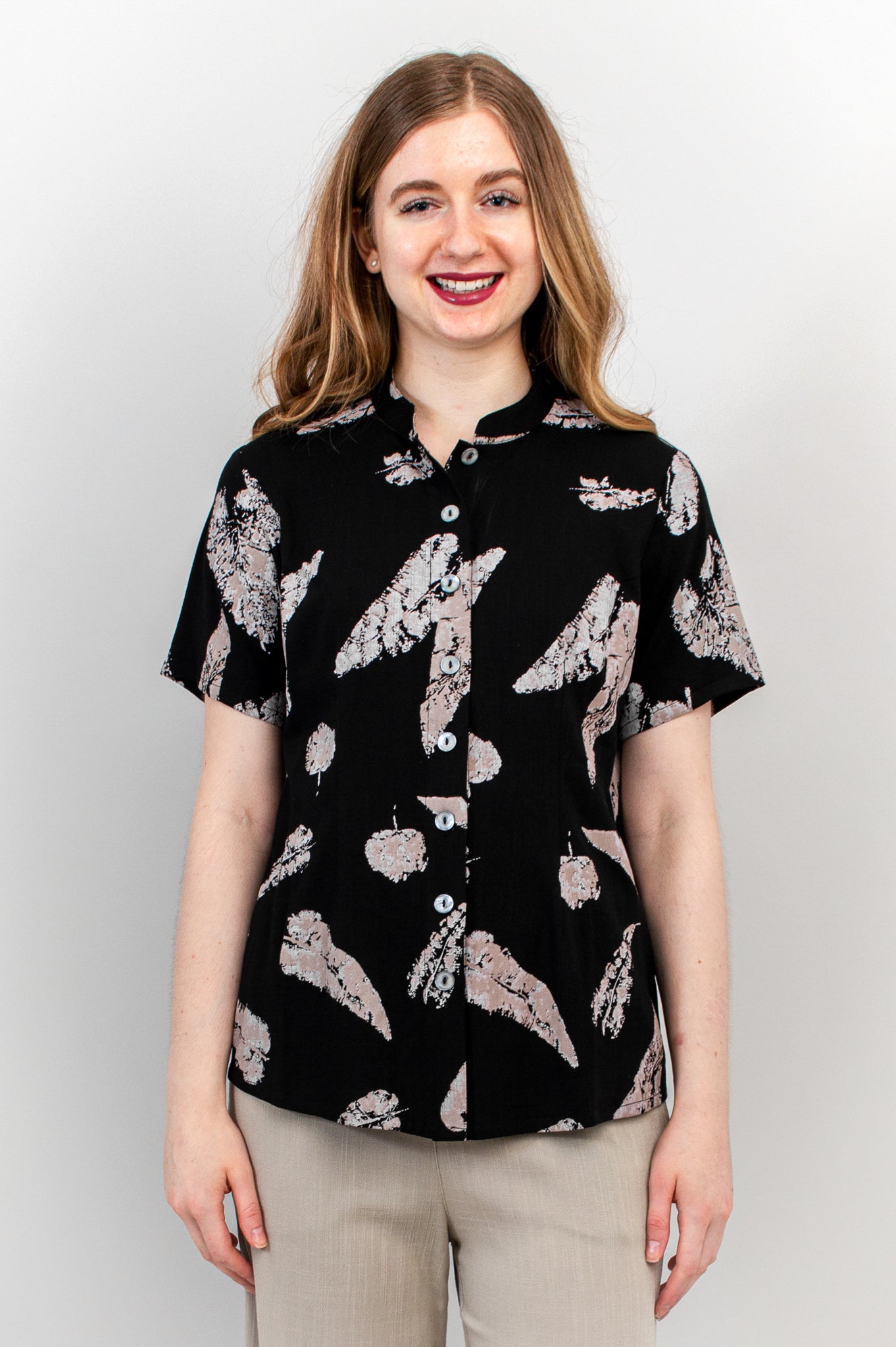 Debra Top - Leaf Shadow Print Linen Bamboo Blend Women's Blouse - Perfect for Casual Wear, Summer Outfits, and Boho Style