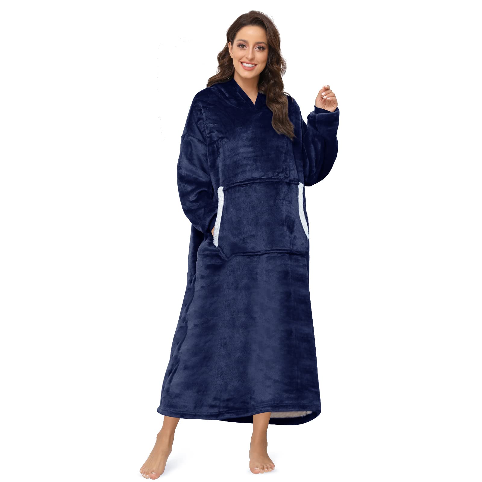Sendowtek Wearable Blanket Hoodie for Women & Men - Soft Sherpa Fleece Long Hooded Blanket with Giant Pocket, One Size Fits Adults & Teens - Perfect for Lounging, Camping & Cold Weather (Navy Blue)