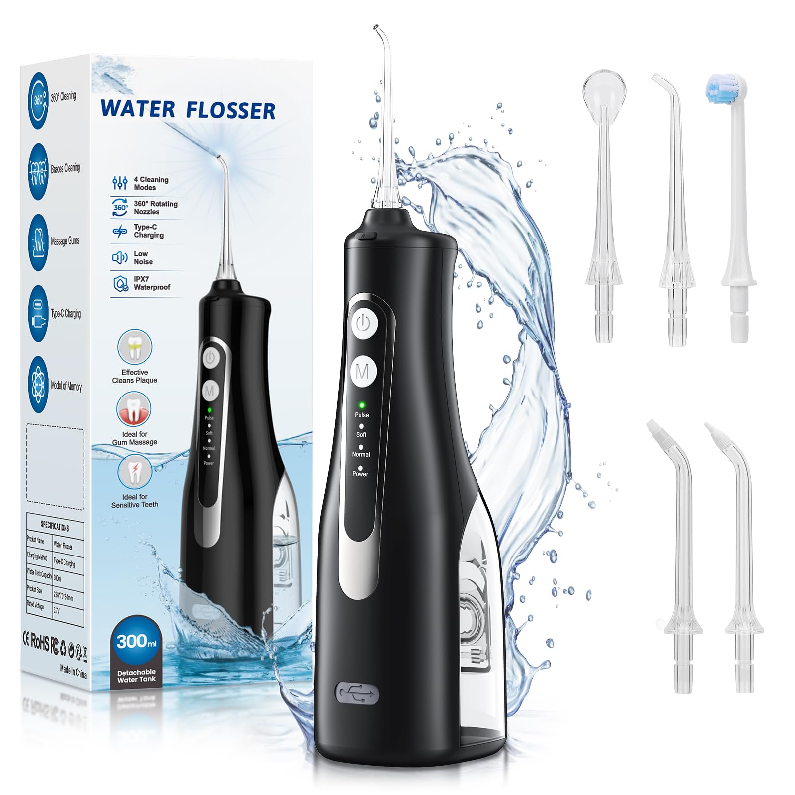 Portable Water Dental Flosser with 4 Modes - 300ML Cordless Oral Irrigator for Teeth Cleaning, Rechargeable & IPX7 Waterproof - Perfect for Home Use and Travel Oral Care