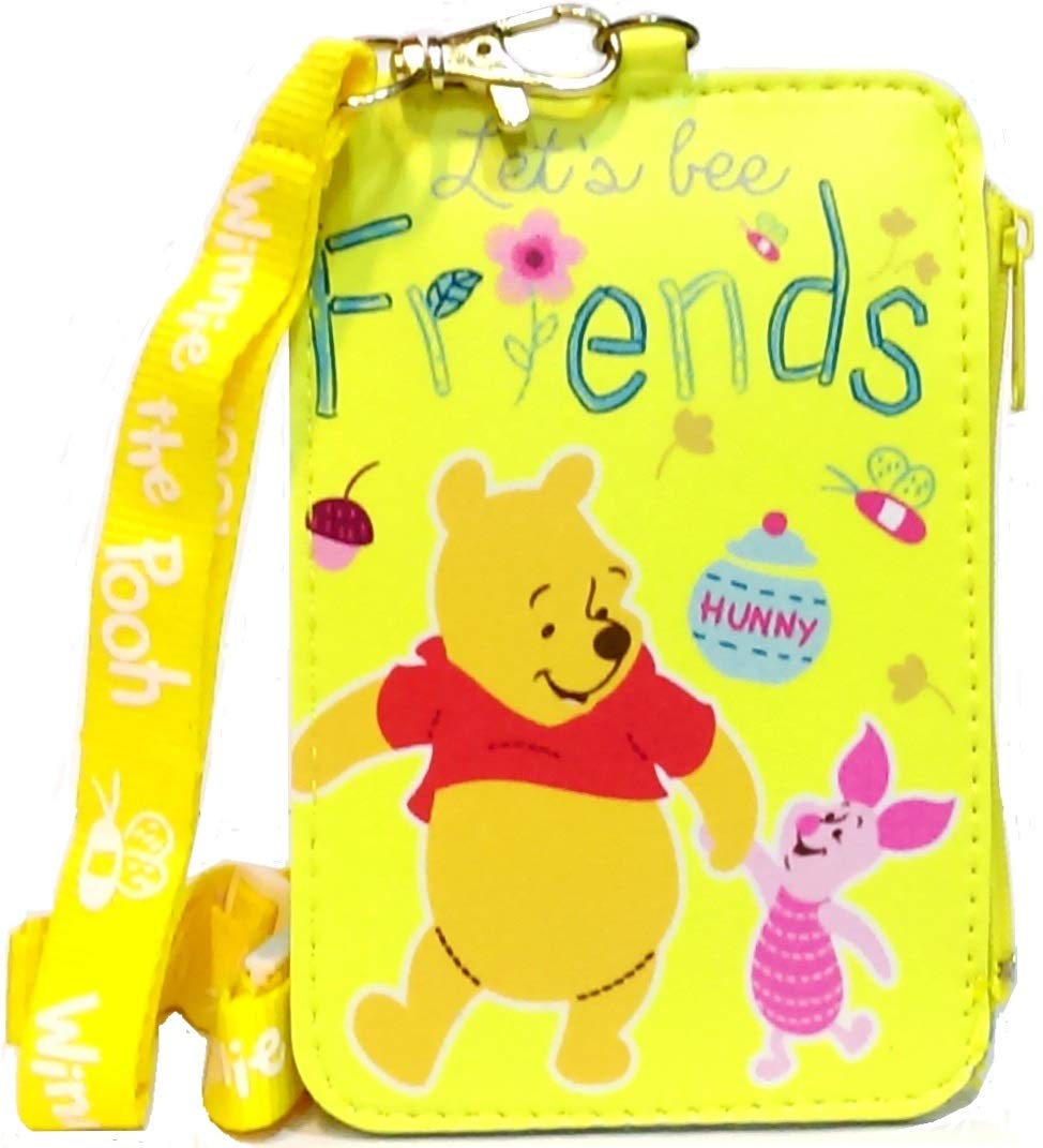 Winnie The Pooh ID Card Holder with Zipper Pocket & Lanyard for Work & Travel