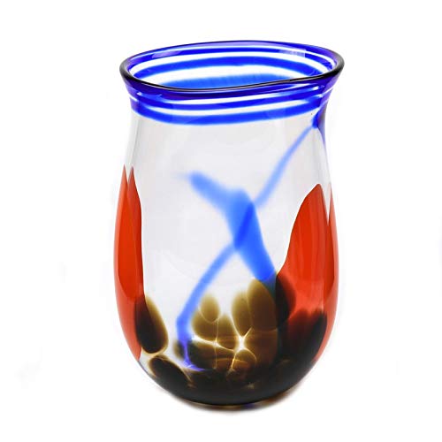 European Art Glass Veronique Vase - Clear with Blue & Orange Accents - Elegant Home Decor for Living Room, Dining Table & Wedding Centerpieces