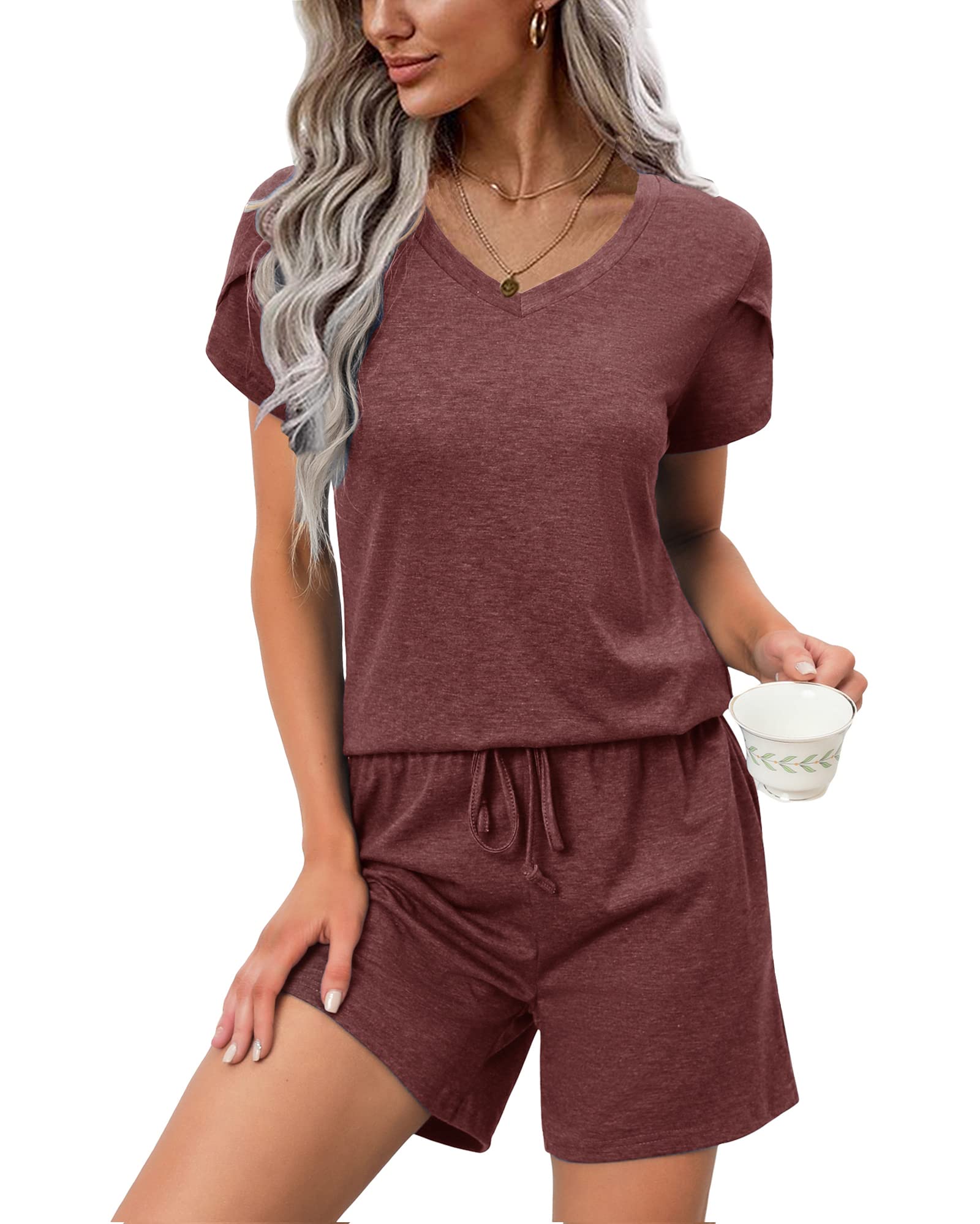Difficort Women's Soft Pajama Set - Short Sleeve Sleepwear with Pockets | Comfy Lounge Wear for Sleep, Relaxing & Home Use