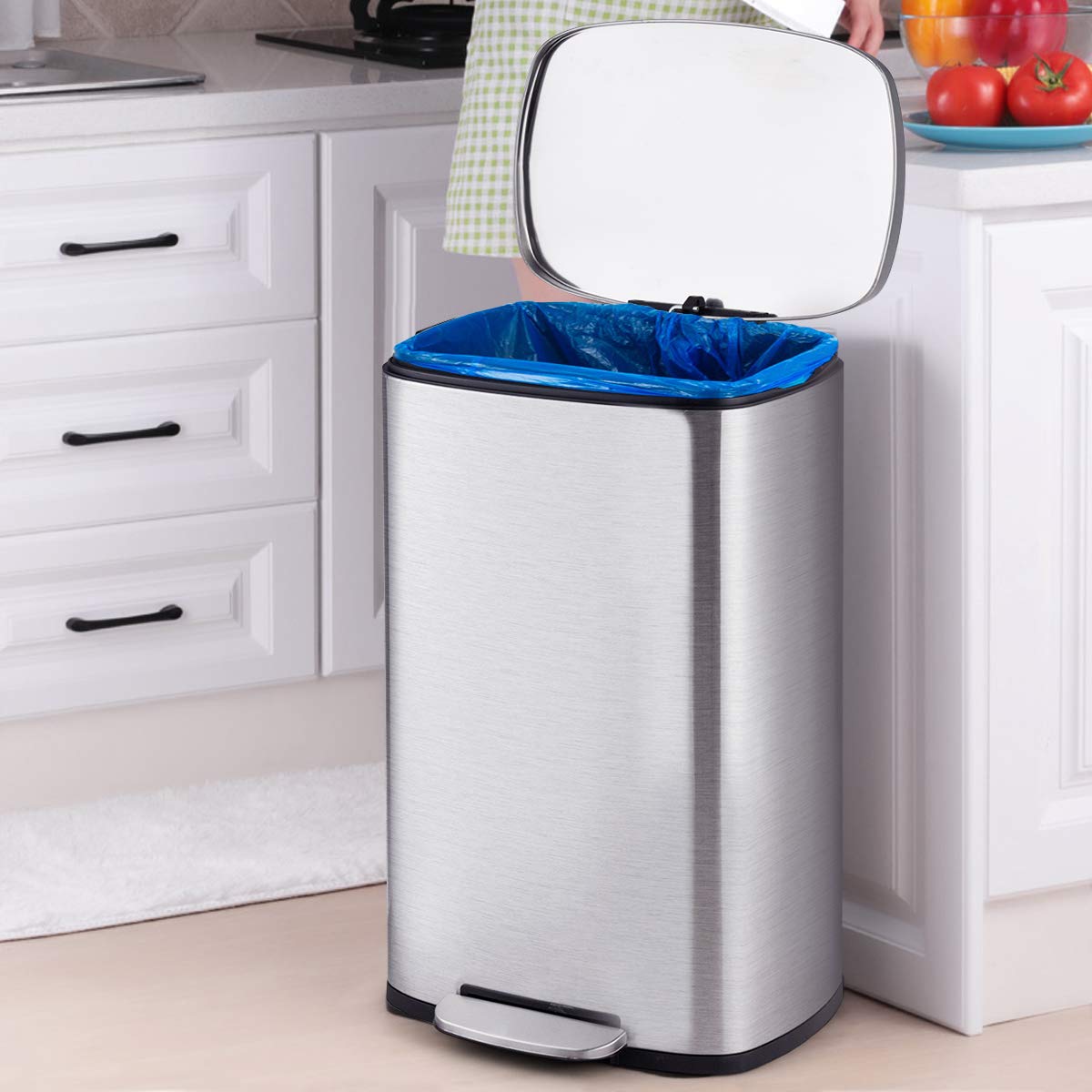 Goplus 13.2 Gallon/50L Stainless Steel Touchless Trash Can with Step-On Pedal, Soft-Close Lid & Fingerprint-Resistant - Perfect for Kitchen, Living Room & Home Office Waste Disposal