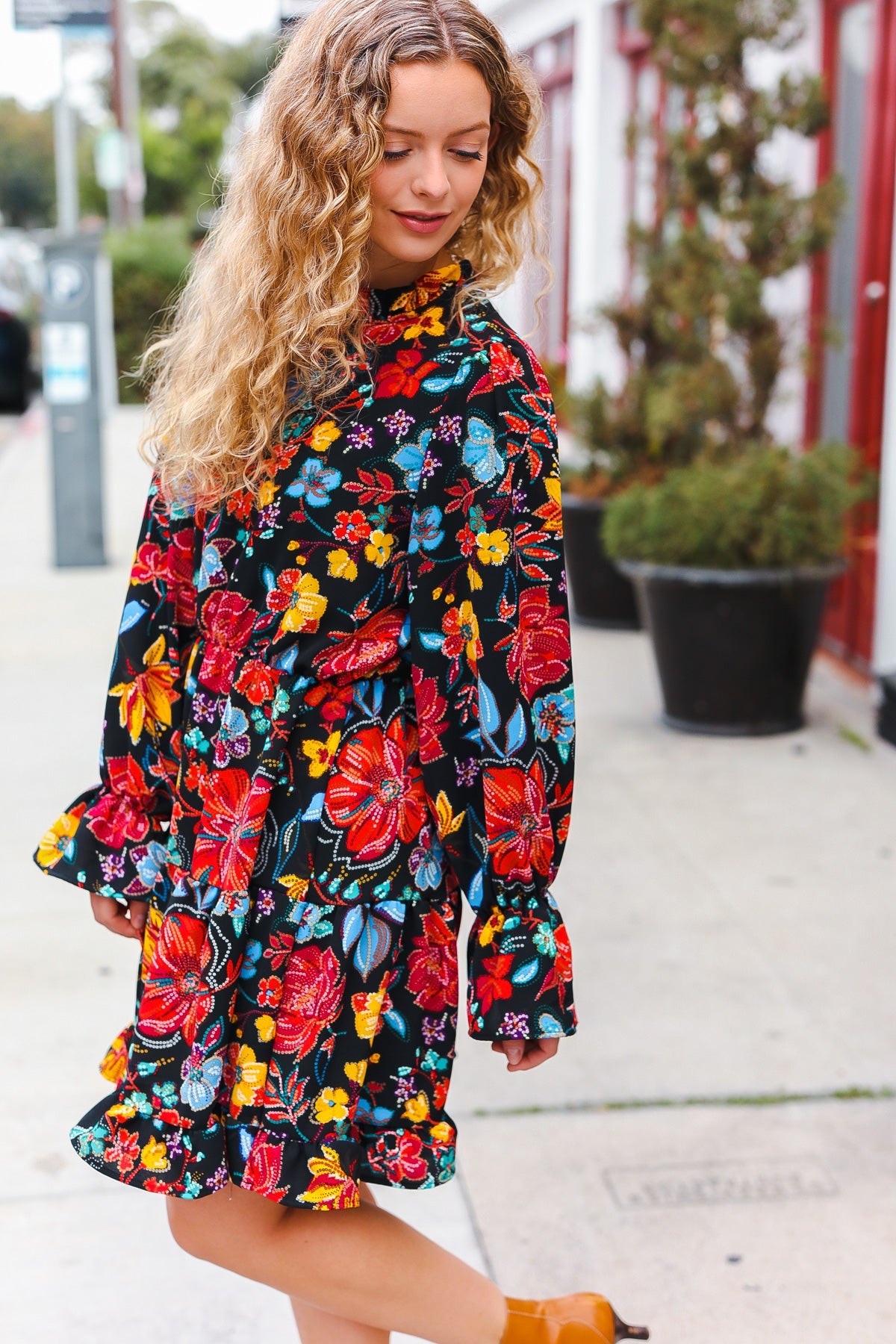 Elegant Black Floral Sequin Print Ruffle Sleeve Mock Neck Dress for Women - Perfect for Cocktail Parties, Date Nights & Special Occasions