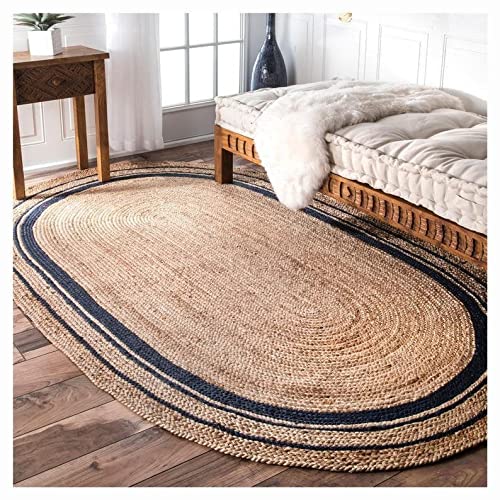 Beige & Black Border Oval Jute Rug - 7x10 Feet Farmhouse Style Natural Fiber Area Rug for Living Room, Hallway, Bedroom | Eco-Friendly Home Decor, Boho Chic Floor Mat for Cozy Interior Design