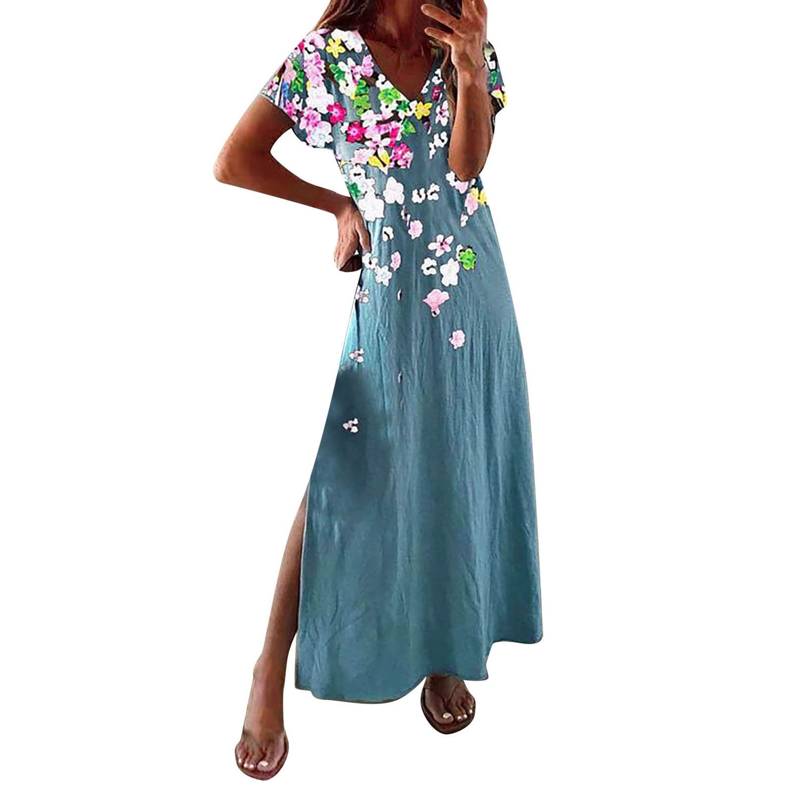 Women's Maxi Dress Summer Spring V-Neck Short Sleeve Boho Casual Long Dress with Side Split - Perfect for Beach Vacations, Date Nights & Summer Parties