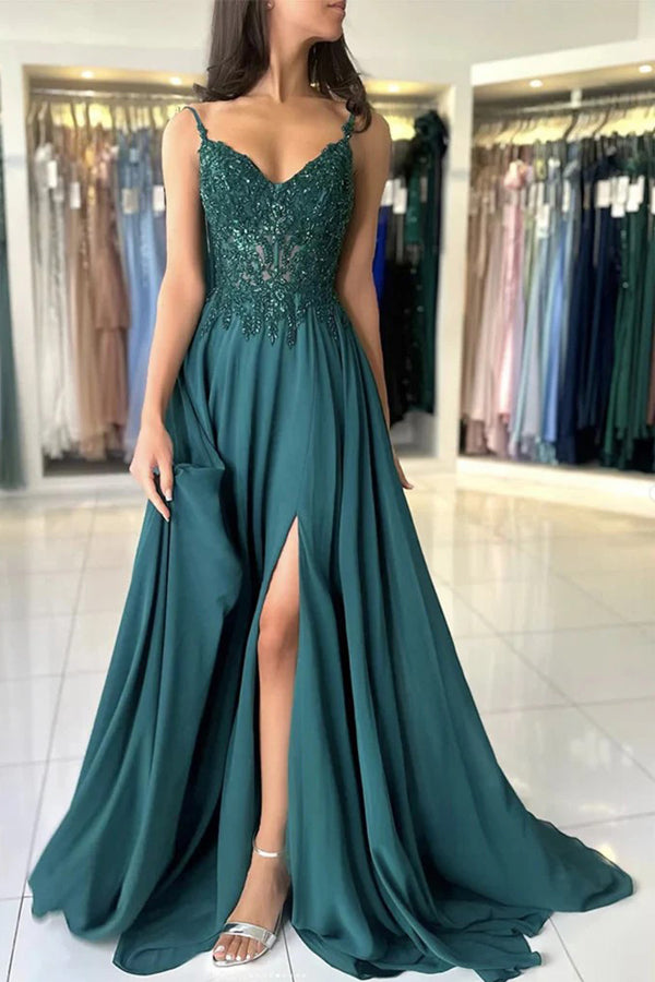 Elegant A-Line V-Neck Dark Green Lace Prom Dress for Women - Formal Evening Gown TP1412 | Perfect for Homecoming, Prom Night, Wedding Guest & Special Occasions
