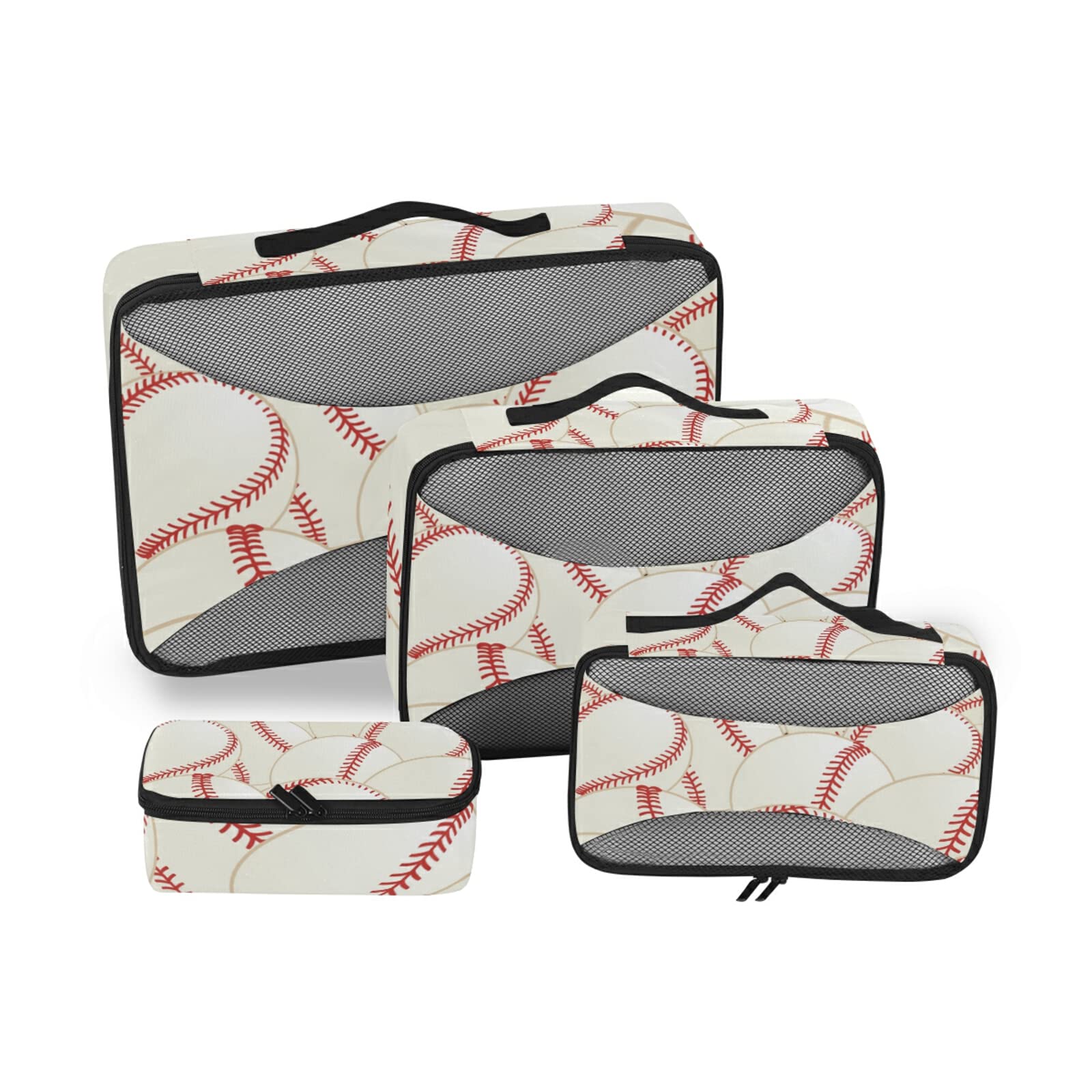 Baseball Themed White Packing Cubes Set - 4 Sizes for Travel, Laundry & Toiletry Organization | Perfect for Kids, Women & Sports Fans | Compact & Packable Storage Solution for Suitcases, Backpacks & Gym Bags