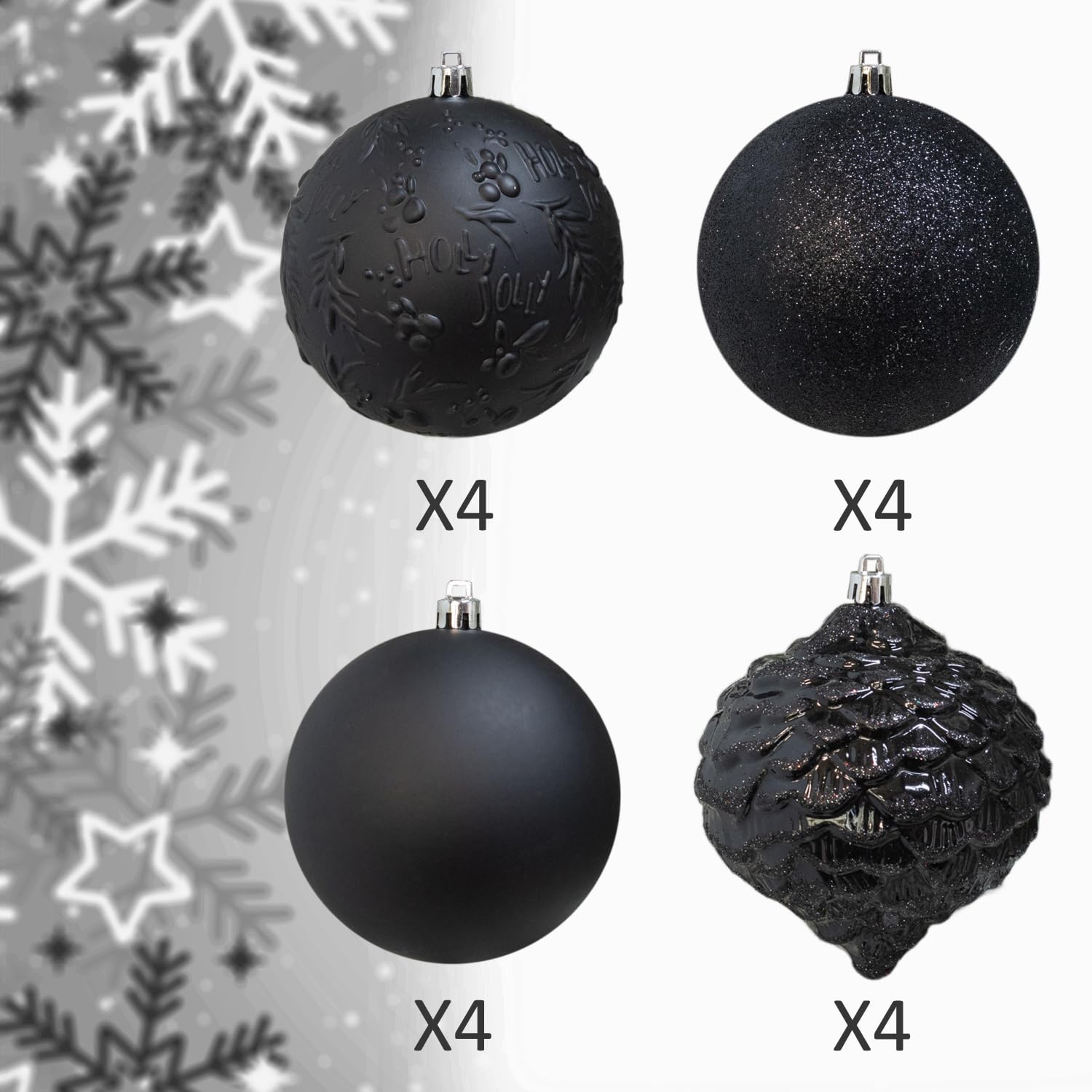 KI Store Large 4-Inch Shatterproof Christmas Tree Ball Ornaments - 16pcs Black Holiday Decorations for Xmas Trees, Weddings & Home Decor | Perfect for Christmas, Halloween & Party Decorating