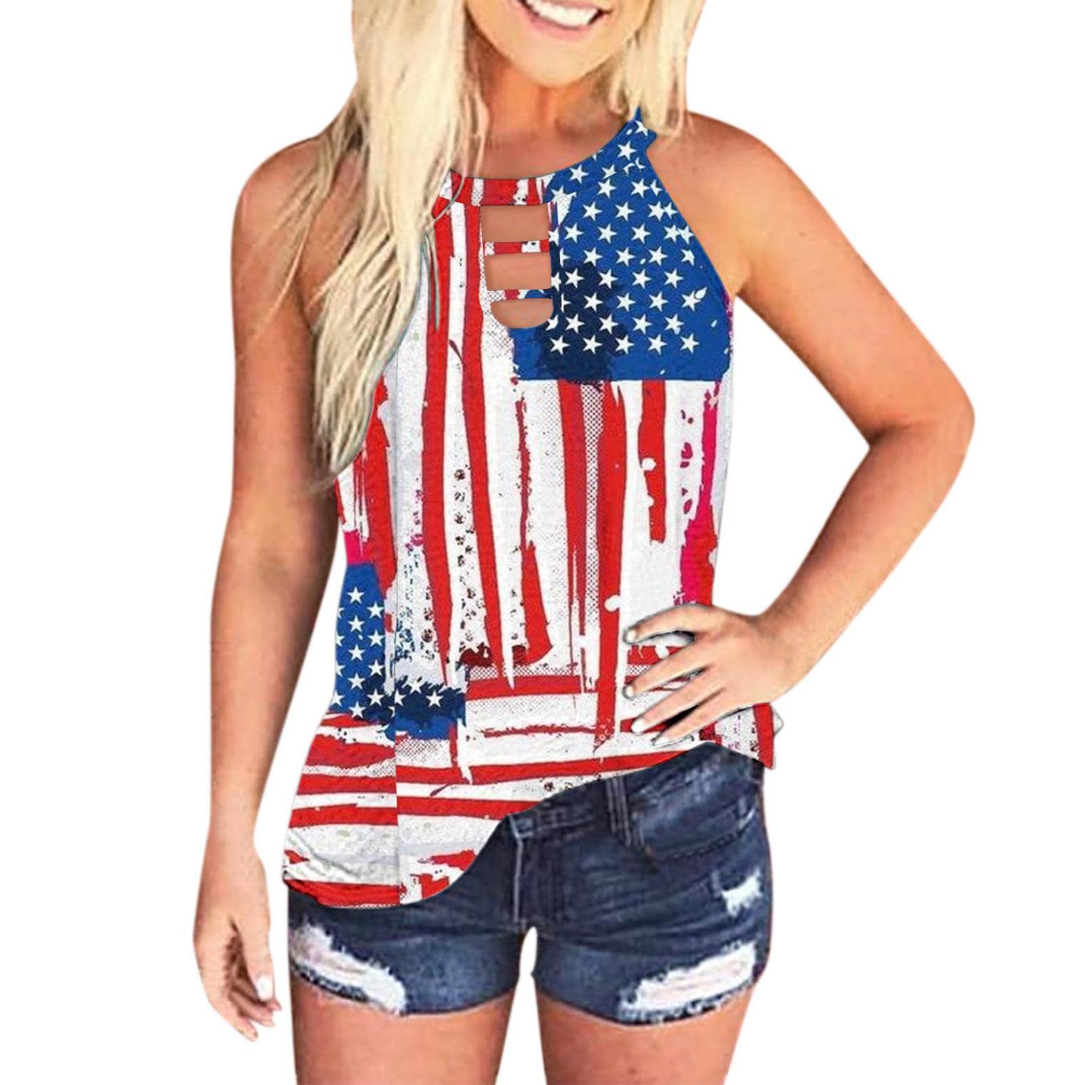 Women's Sexy Hollow Out Halter Tank Tops - Sleeveless Cami Summer Tops with American Flag Design | Perfect for Beach, Pool, and Casual Outfits