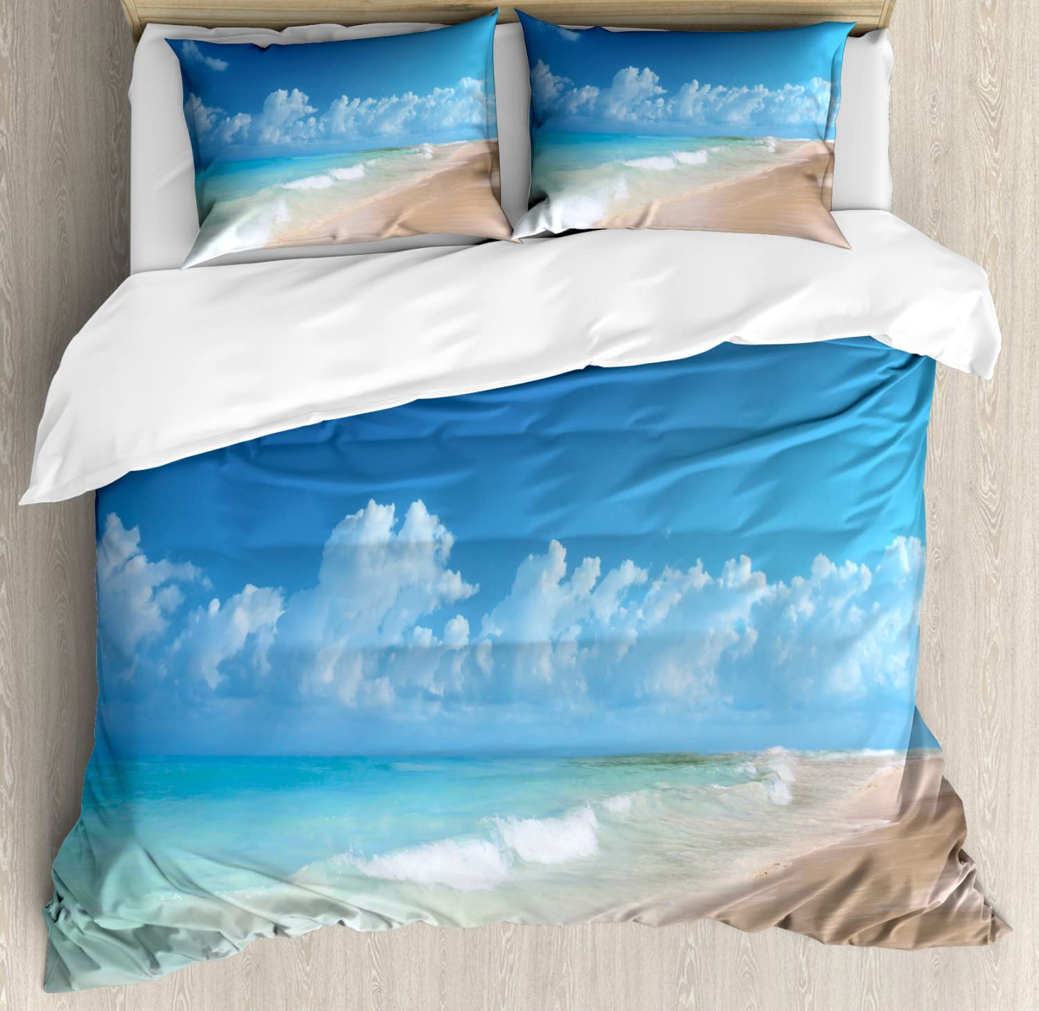 Ambesonne Hawaiian Duvet Cover Set - Tropical Ocean Waves & Fluffy Clouds Design, Twin Size 2-Piece Bedding Set with 2 Duvet Covers & 2 Pillowcases, Blue Turquoise - Perfect for Beach House Decor, Summer Bedroom Theme & Tropical Vacation Inspired Home Styling