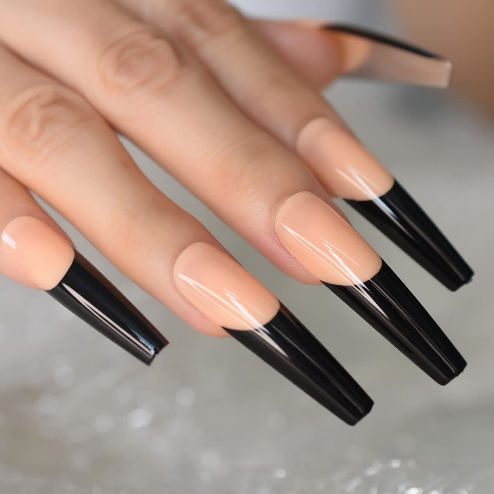 XXL Long Coffin Press On Nails - Orange & Black French Tip Fake Nails | Full Cover Glossy Ballerina False Nails for Manicure | Perfect for Halloween, Parties & Special Occasions
