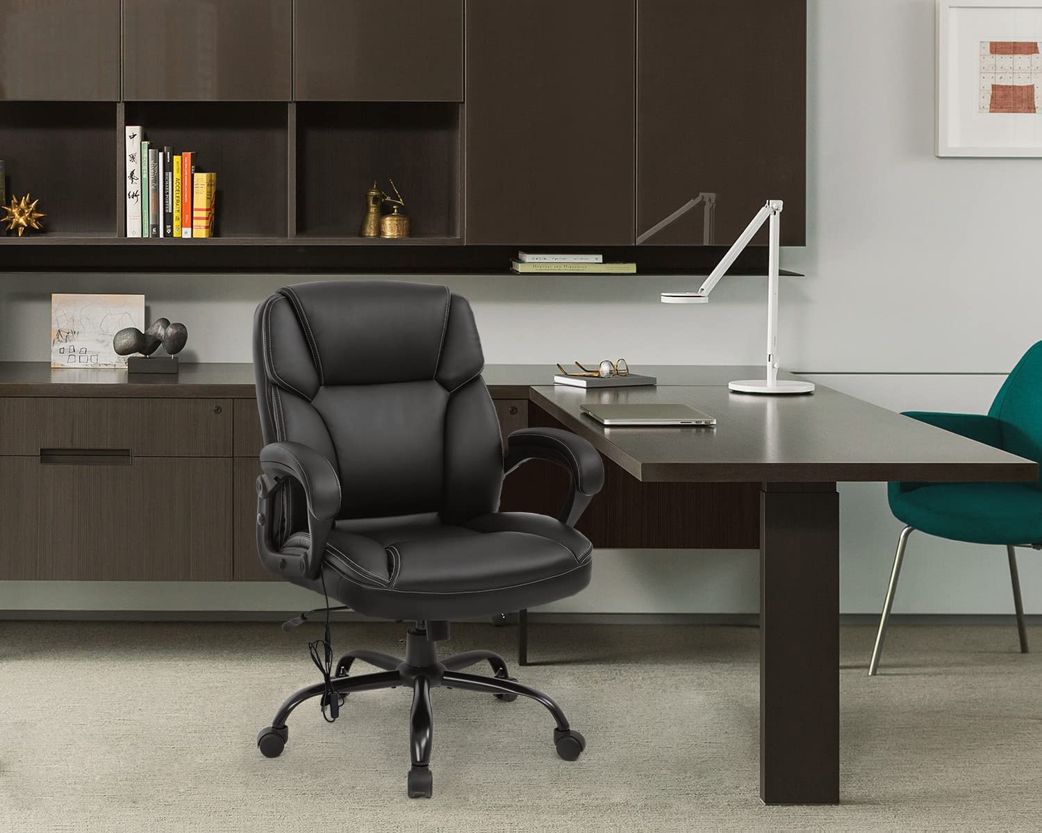 Big and Tall Office Chair - Ergonomic Executive Desk Chair with Wide Seat (400lbs Capacity), PU Leather, Lumbar Support & Adjustable Arms - Mid Back Computer Task Chair for Home & Office (Black)