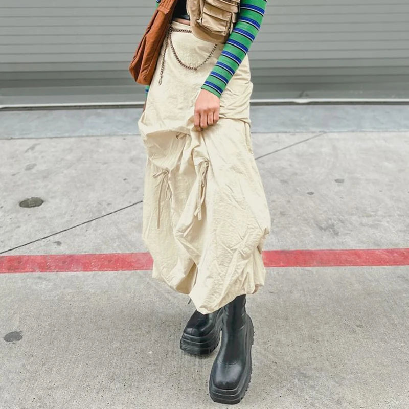 Asymmetrical Drawstring Bow Loose Long Skirt for Women - Streetwear Cargo Draped Solid Skirt with Shirring Details | Gorpcore Fashion Outfit for Casual Wear, Outdoor Adventures & Urban Street Style