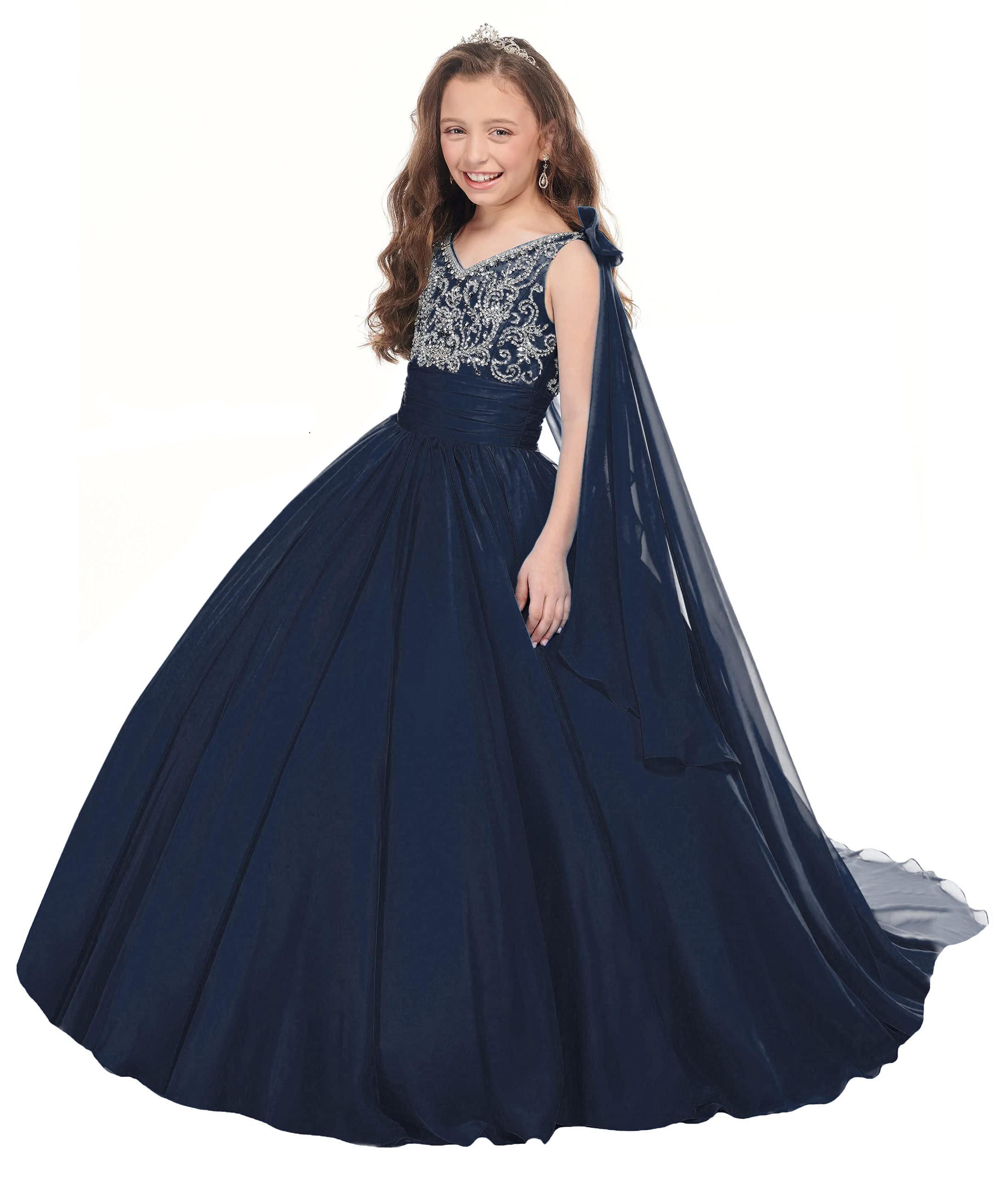 Elegant Girls V-Neck Chiffon Pageant Dress with Flowy Cape - Navy Blue Princess Birthday Party & Formal Ball Gown for Special Occasions | Perfect for Pageants, Weddings, and Dance Performances