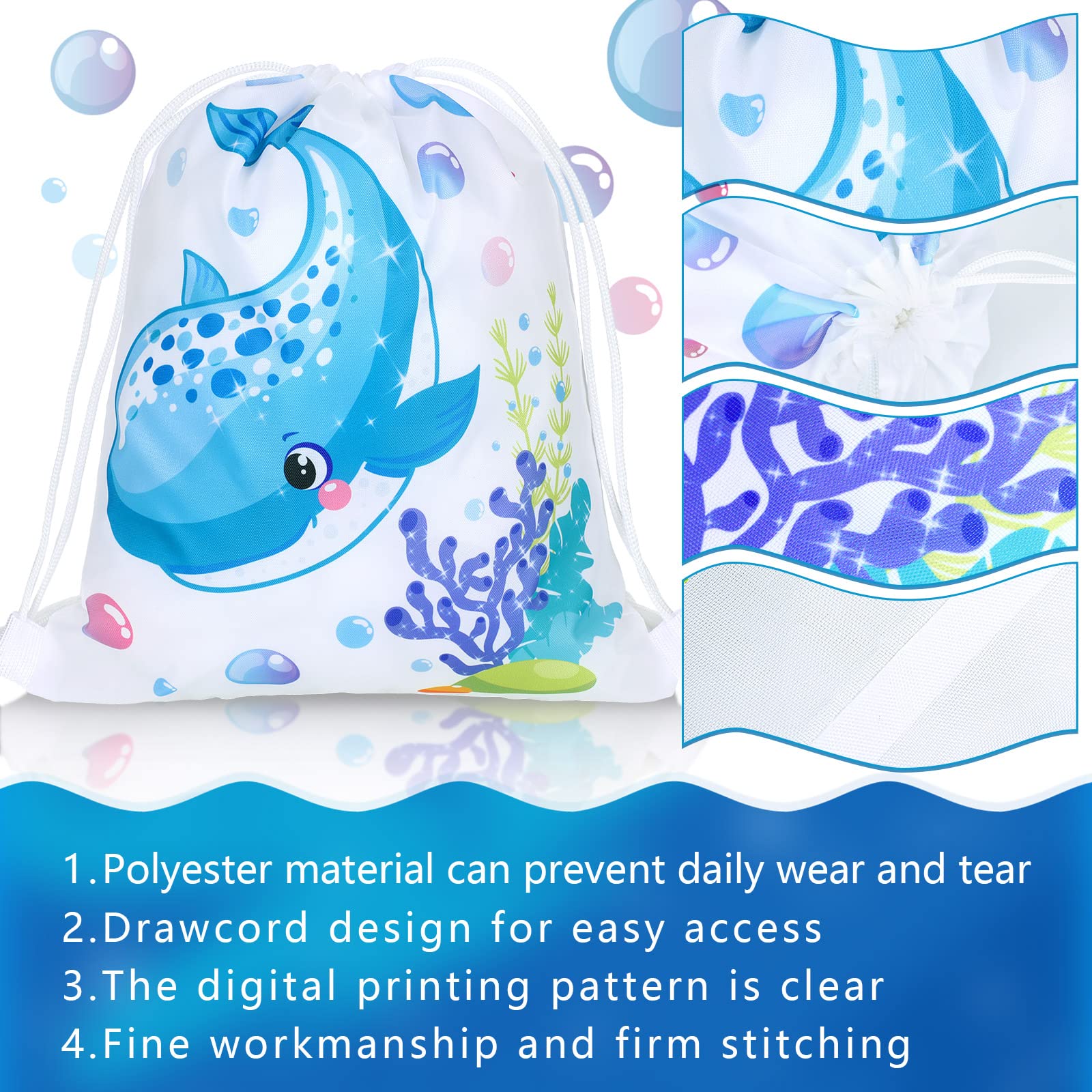 16 Pack Ocean Theme Party Favor Bags - Reusable Sea Animal Drawstring Goodie Bags for Kids Birthday, Underwater Party Decorations (11.8