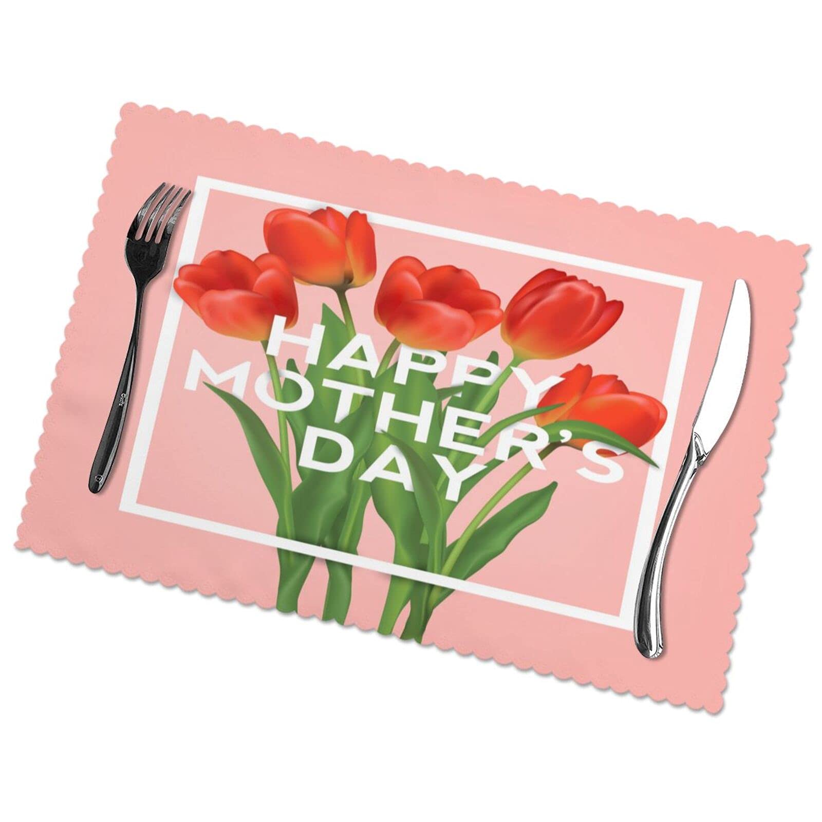 Happy Mother's Day Placemats Set of 4 - Red Tulip Floral Design 12x18 Inch Washable & Heat-Resistant Table Mats for Kitchen Dining - Perfect for Family Meals, Holiday Decor, and Home Entertaining
