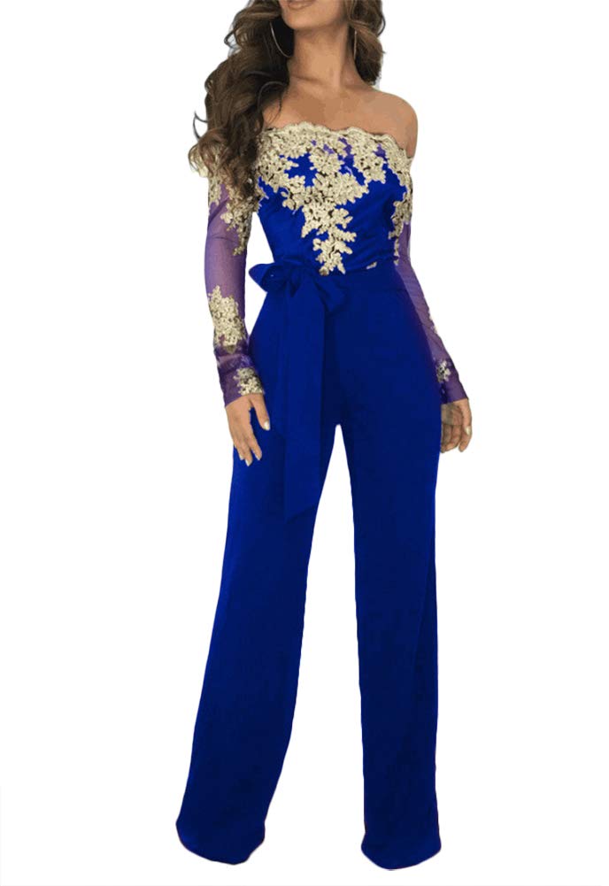 Ophestin Women's Sexy Off Shoulder Floral Lace Long Sleeve Jumpsuit with Belt - Elegant Bodycon Wide Leg Romper for Date Night, Party & Special Occasions