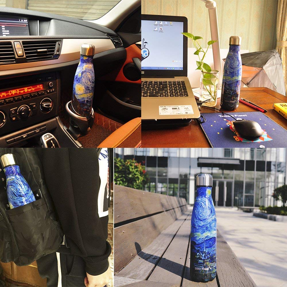 Van Gogh The Starry Night Stainless Steel Water Bottle - 17oz Double Wall Vacuum Insulated Tumbler with Star Print - Perfect for Travel, Office & Outdoor Activities