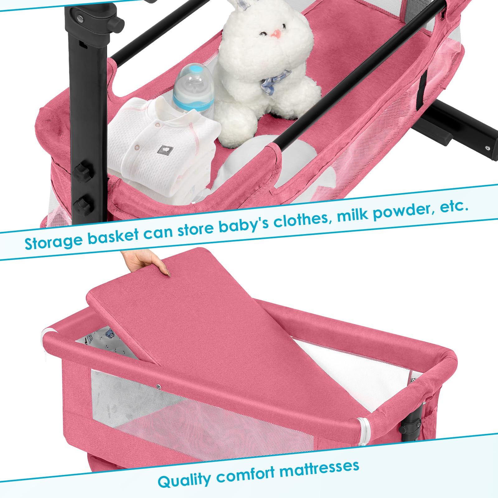 **2024 New Style Baby Bassinet - Portable Foldable Bedside Sleeper Crib for Boys & Girls (Pink) | Perfect for Nursery, Travel & Co-Sleeping**