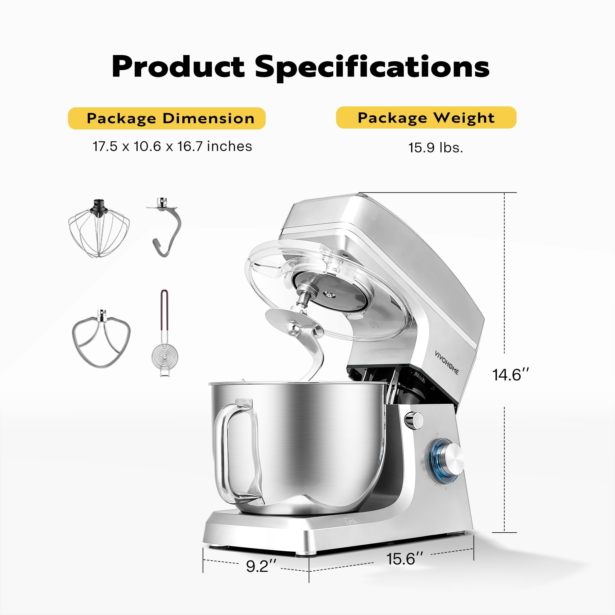 VIVOHOME 7.5 Quart 660W Stand Mixer - 6-Speed Tilt-Head Electric Kitchen Mixer with Beater, Dough Hook, Wire Whip & Egg Separator - Perfect for Baking Cakes, Cookies, Bread & More (Silver)