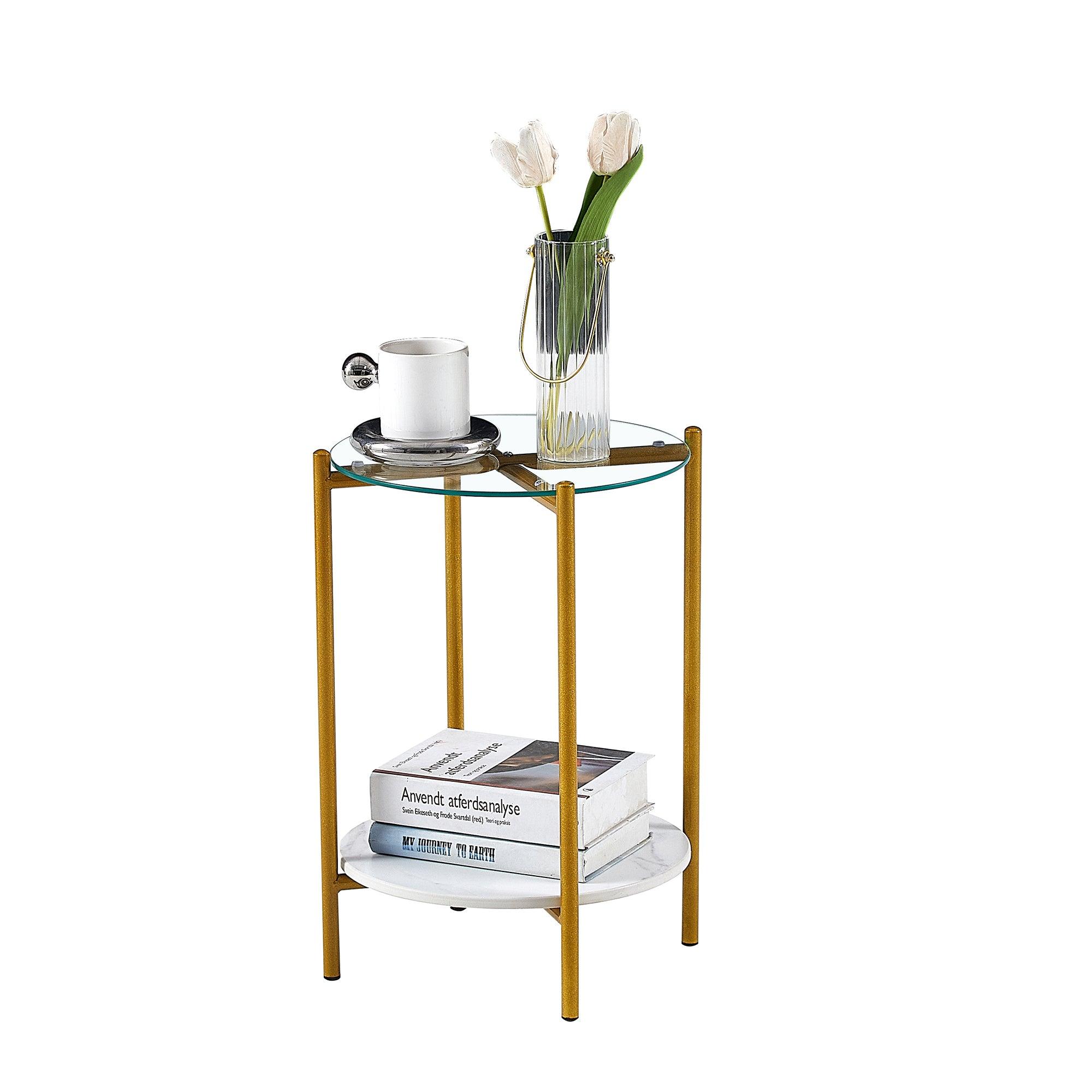 2-Tier Round End Table with Tempered Glass & Marble Top - Gold Metal Frame Coffee Table for Living Room, Bedroom, Office - Perfect for Small Spaces & Modern Decor (1 Piece)